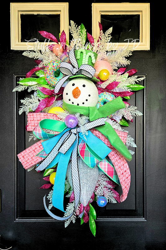 Whimsical Snowman Christmas Swag – Candyland Holiday Door Décor with Bright Colors, Glitter Ornaments & Festive Bows