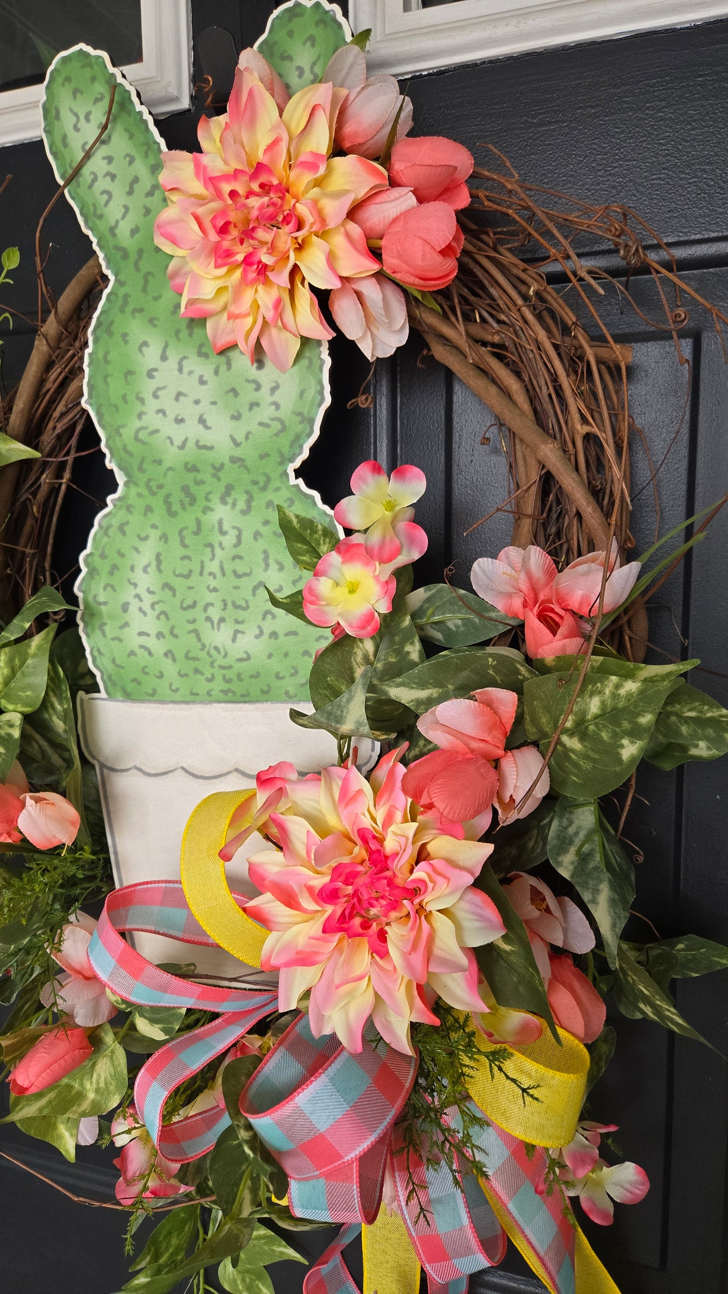 Easter Topiary Grapevine Wreath | Spring Bunny Door Wreath | Floral Easter Front Door Decor | Pastel Spring Wreath with Bow