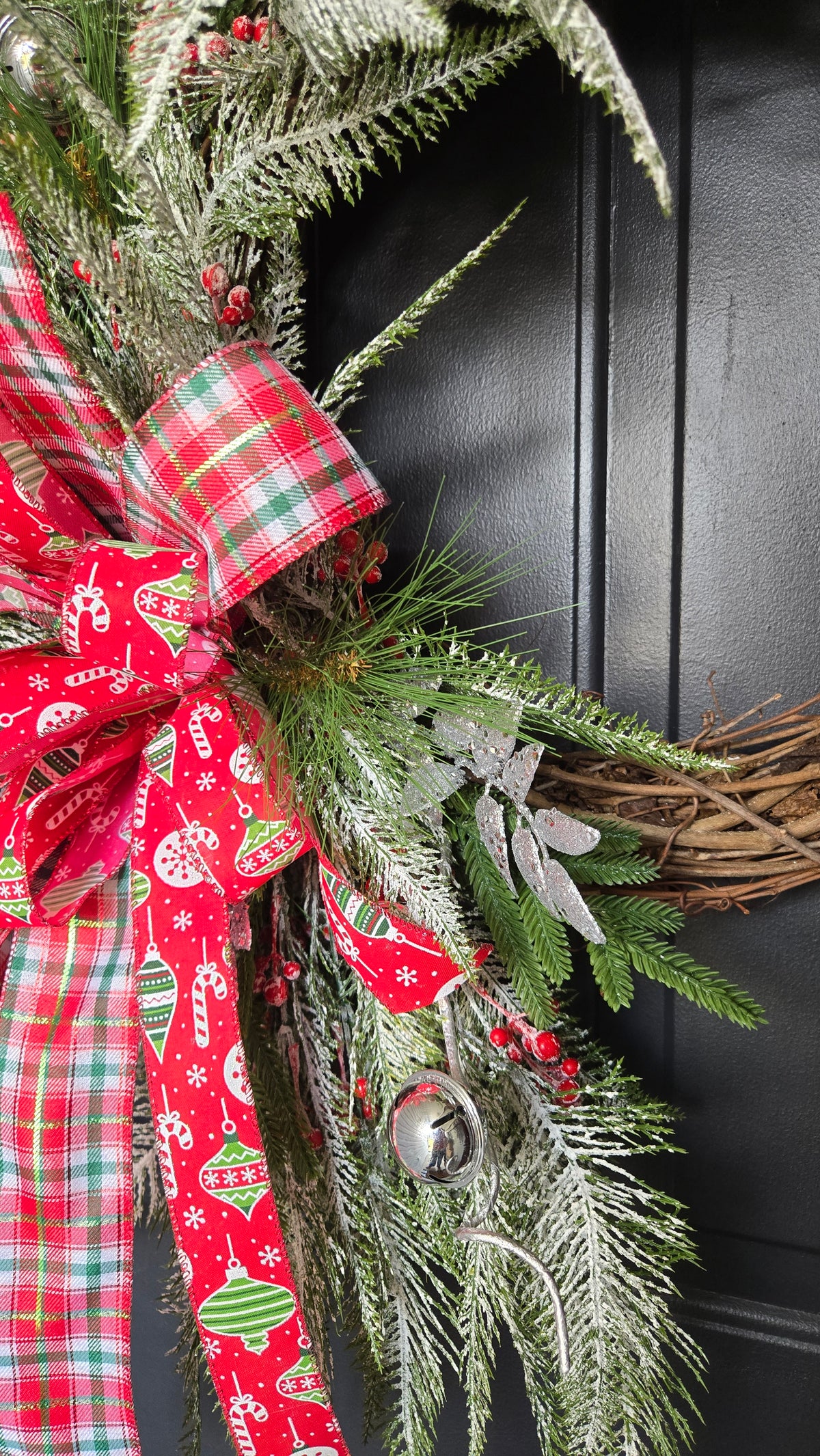Frosted Christmas Grapevine Wreath, Traditional Winter Door Decor