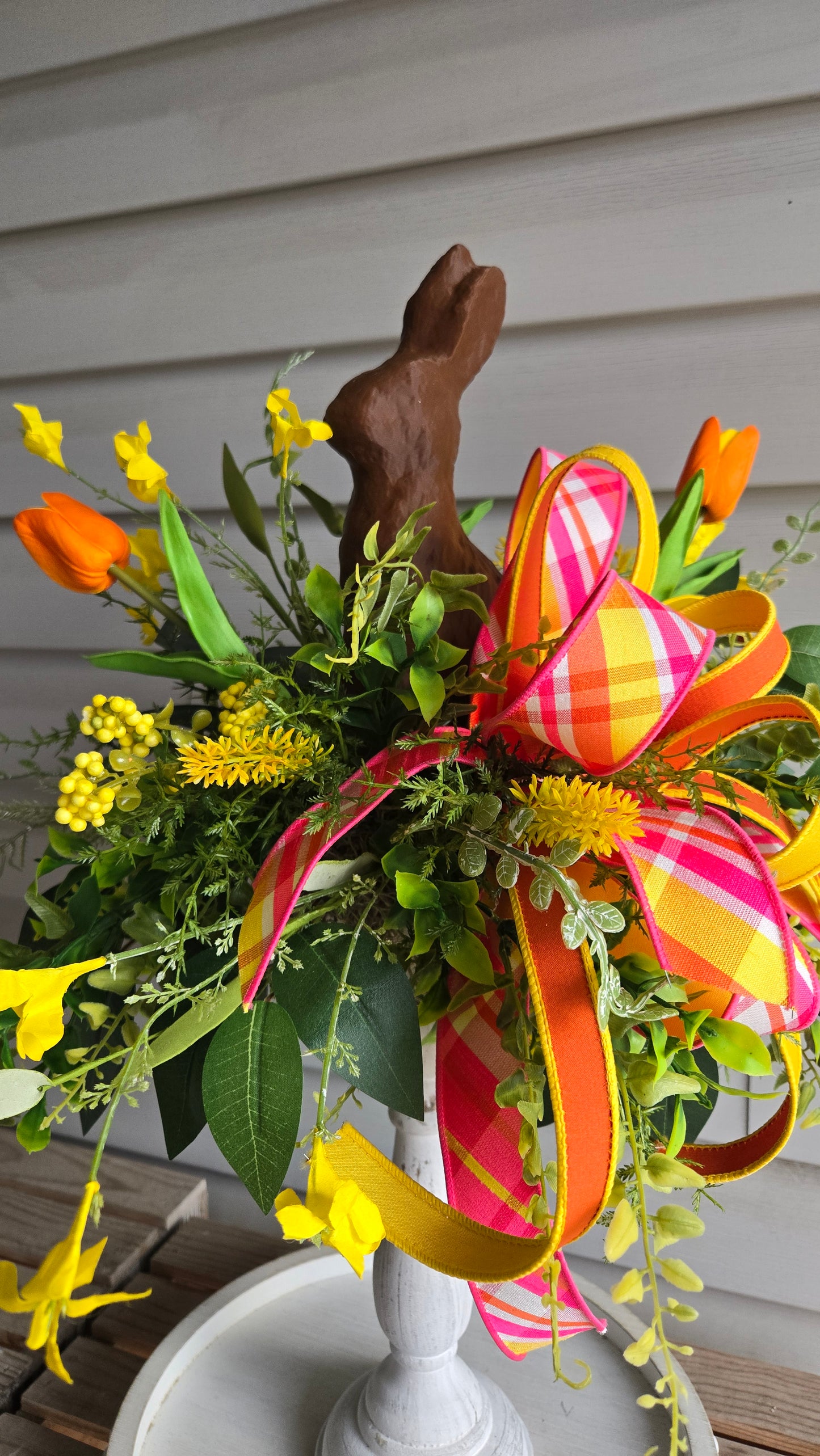 Chocolate Bunny Candlestick Easter Centerpiece | Spring Floral Arrangement with Tulips