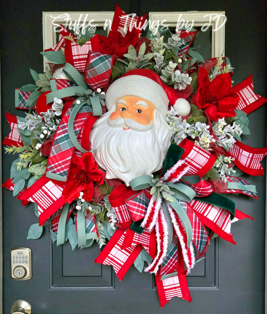 Vintage Santa Christmas Wreath – Red & Sage Green Holiday Door Décor with Plaid Bows & Magnolias