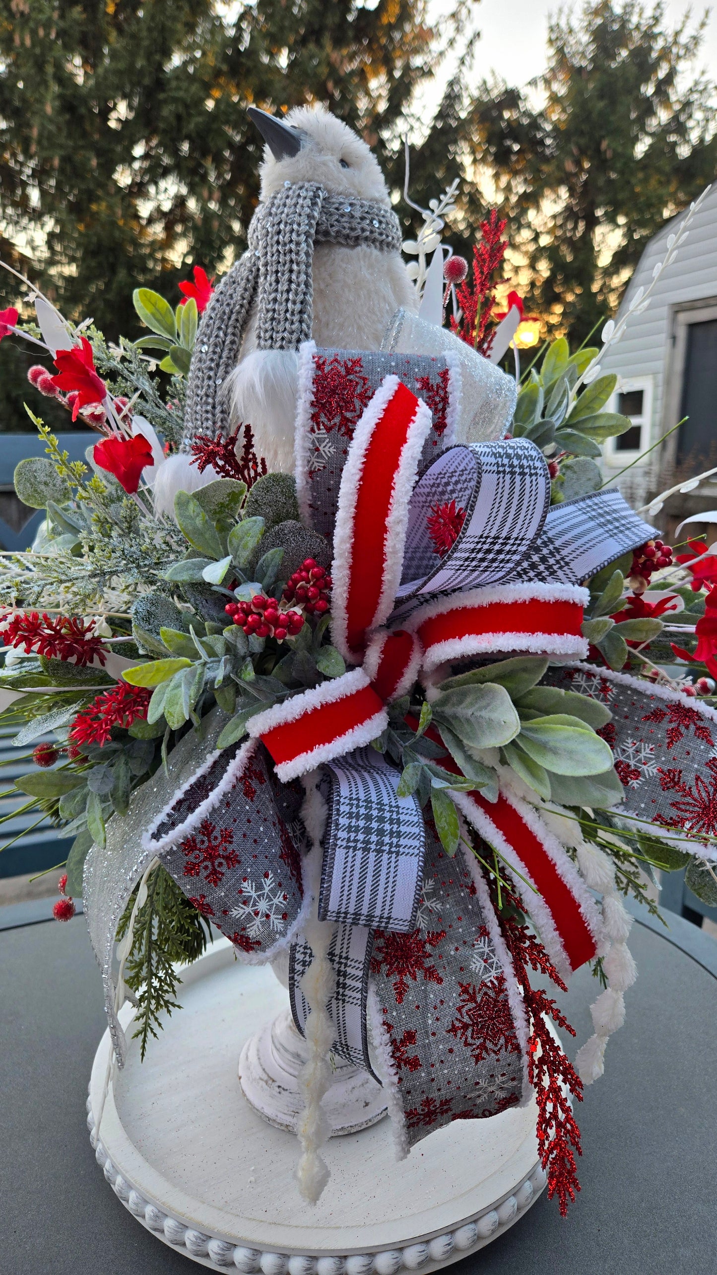 Winter Penguin Christmas Candlestick Centerpiece | Elegant Red, White & Silver Holiday Table Decor