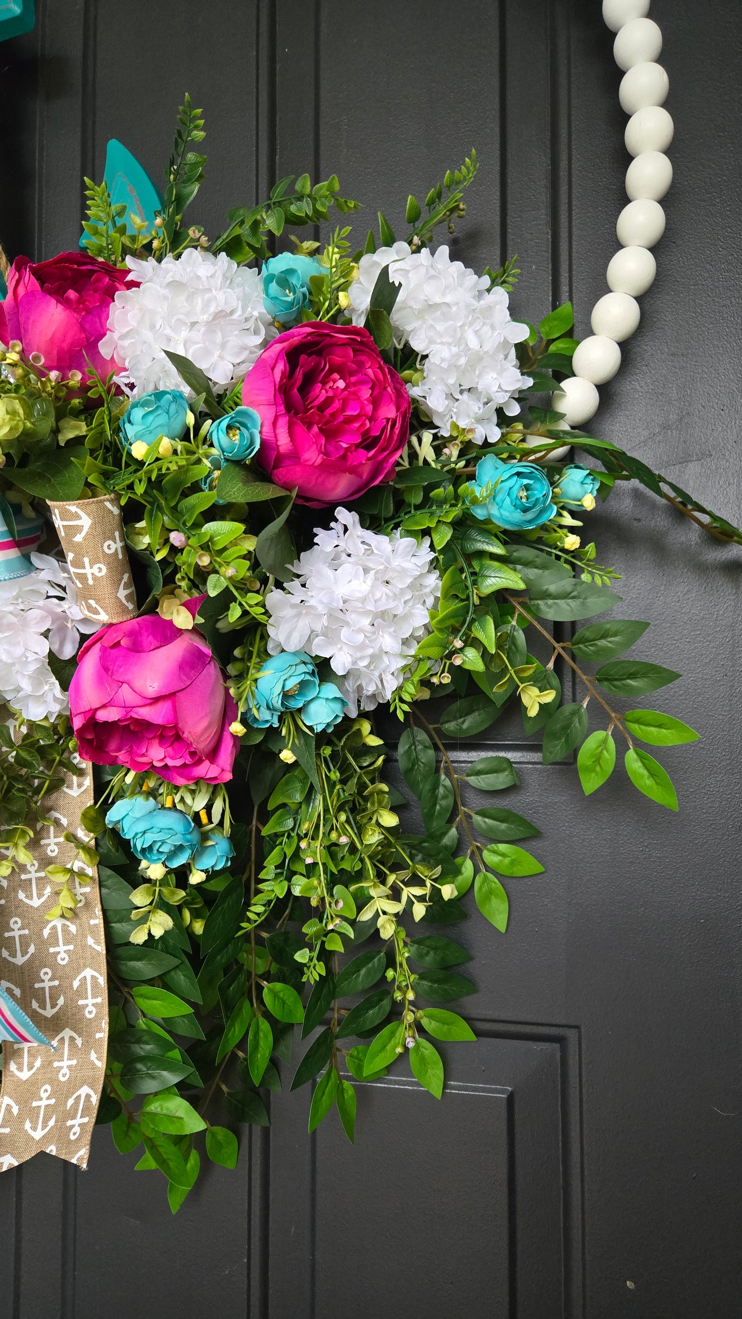 Coastal Bead Wreath with Turquoise Anchor & Lush Florals | Oversized Front Door Statement