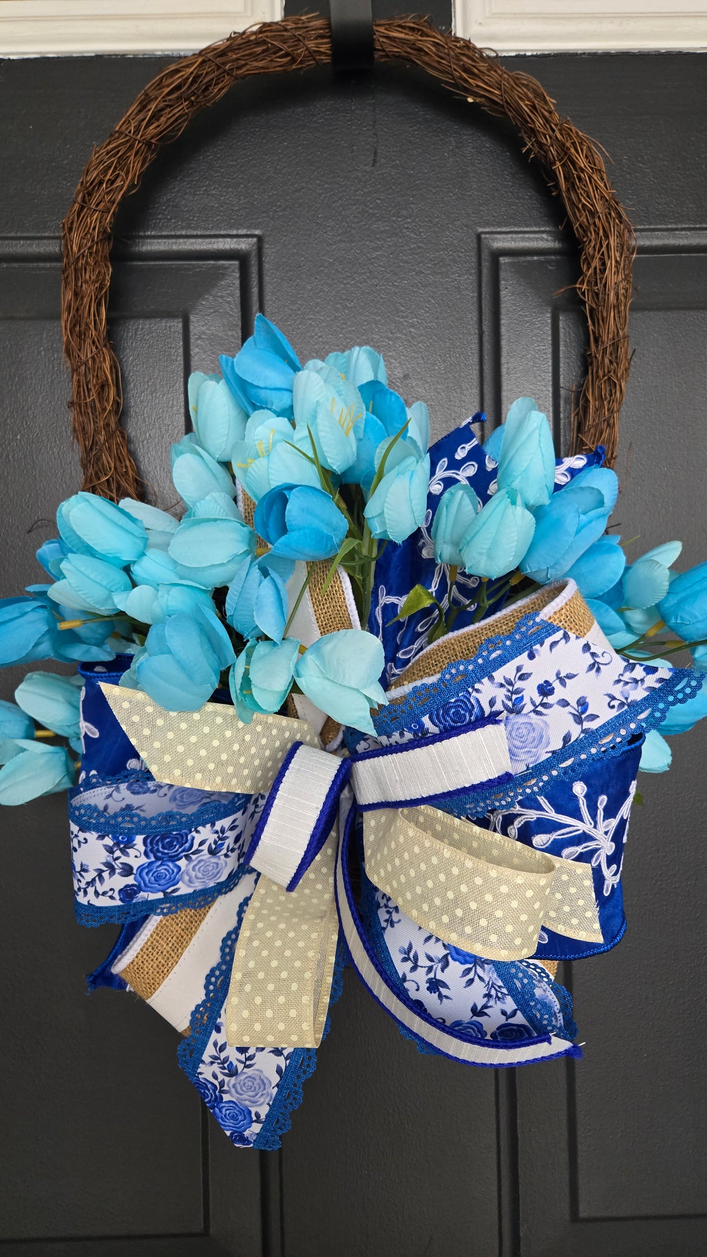 Blue Spring Tulip Twig Basket Wreath | Farmhouse Front Door Decor | Blue & White Floral Door Hanger | Everyday Spring Wreath