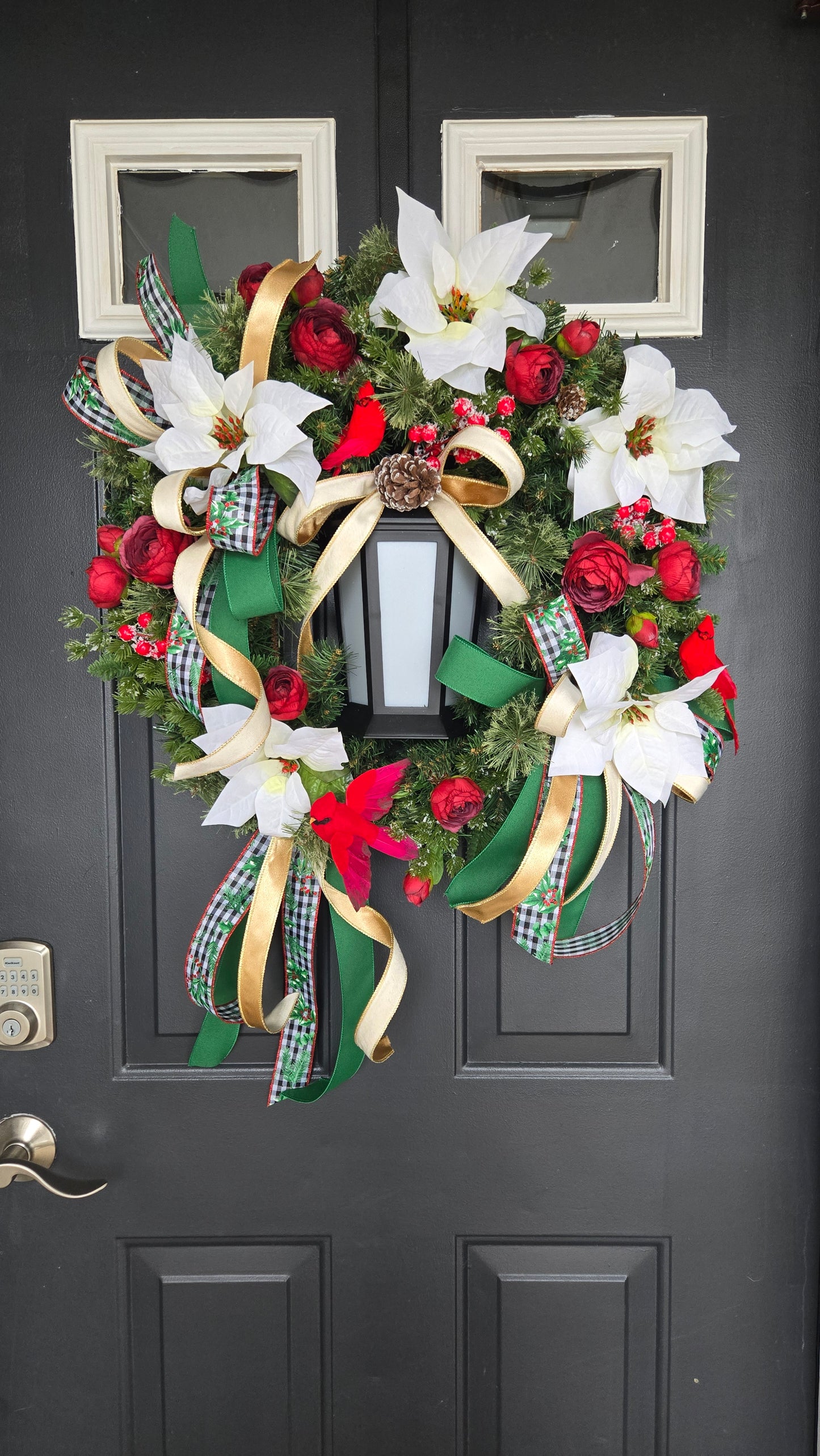 Lantern Christmas Wreath with Lights – Red & White Poinsettia Wreath