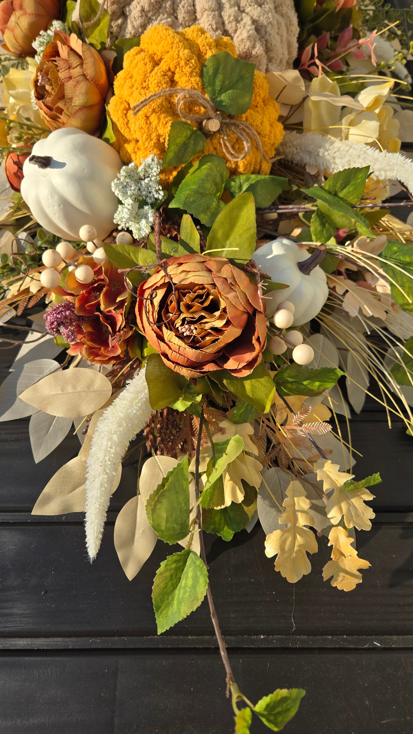 Fall Pumpkin Centerpiece or Door Swag – Rustic Harvest Décor with Handmade Knit Pumpkins