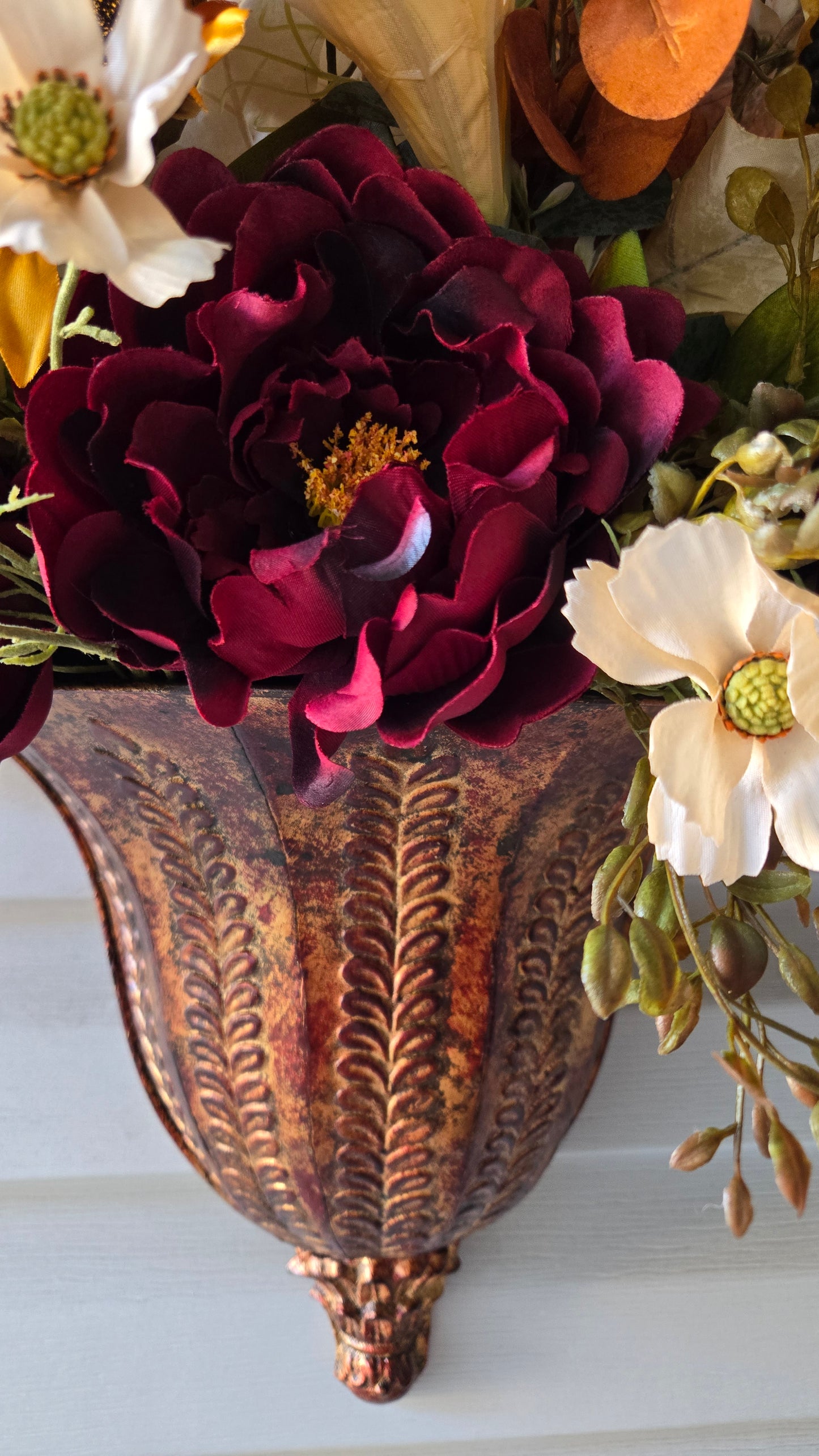 Copper Harvest Wall Pocket Arrangement | Luxury Fall Floral Wall Decor with Sunflowers & Burgundy Blooms