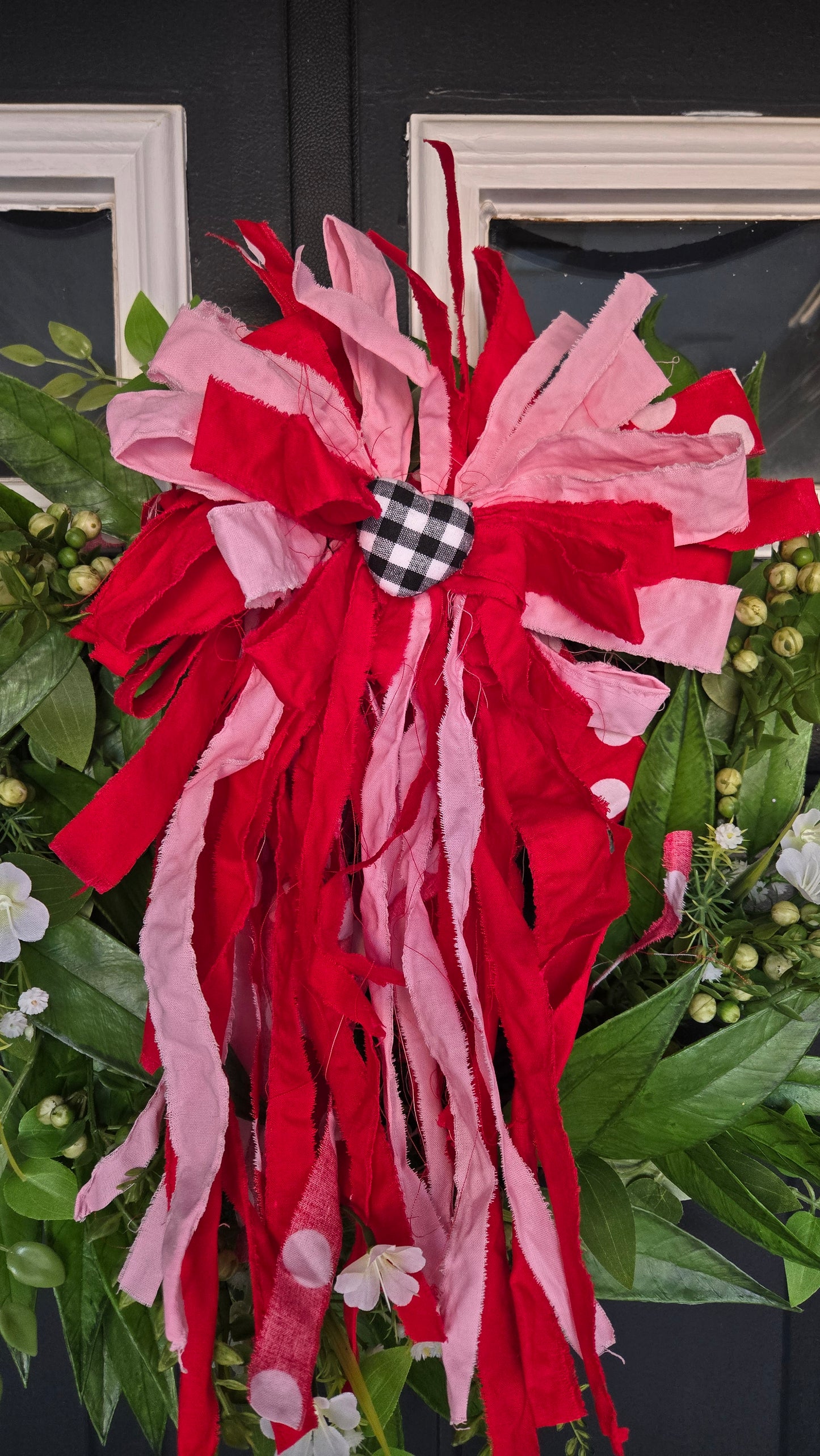 Valentine Greenery Wreath with Red & Pink Rag Bow | Farmhouse Front Door Decor | Everyday Spring Wreath