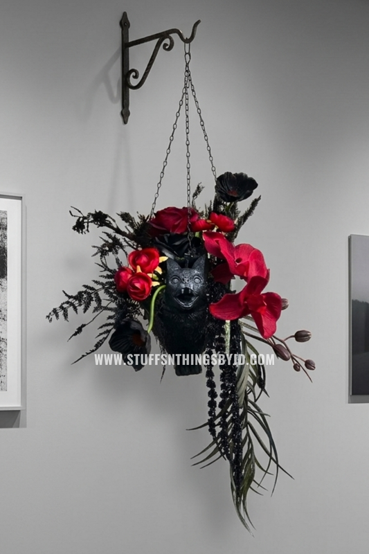 Gothic Hanging Bat Planter | Red Orchid & Black Rose Halloween Floral Arrangement | Dark Cottagecore Decor