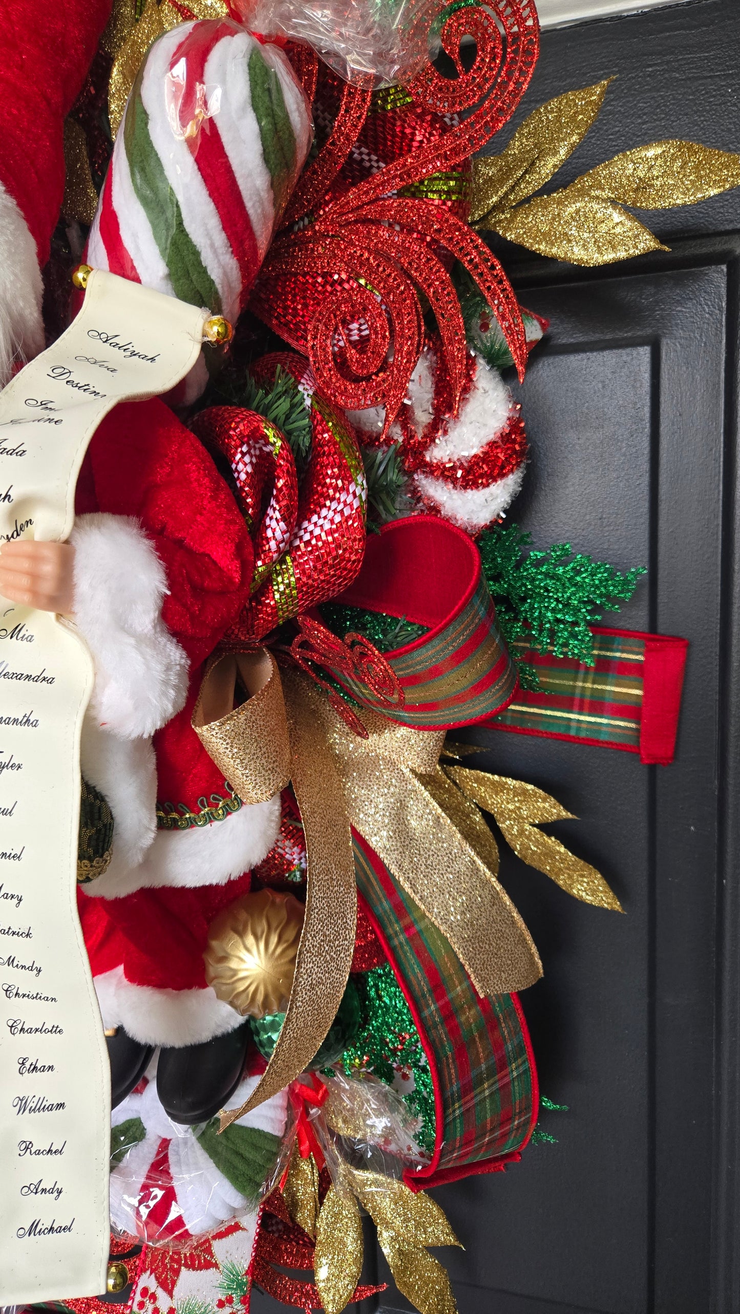 Santa Claus Christmas Swag – Holiday Door Swag with Santa Figurine, Ribbons, Candy Canes & Ornaments
