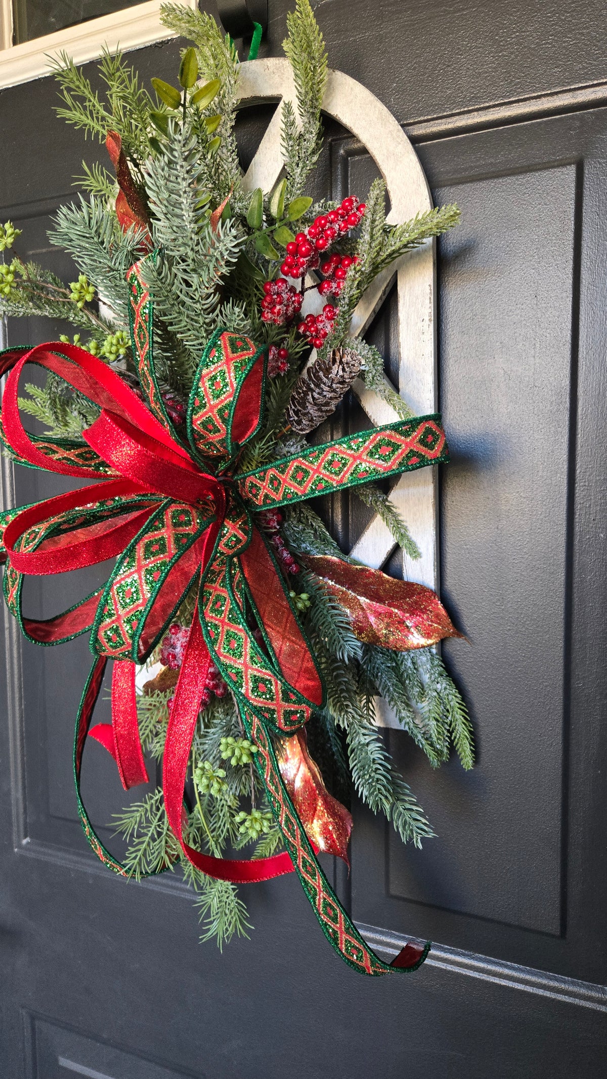 Christmas Window Pane Hanger, Red & Green Holiday Greenery Door & Wall Décor, Holiday Wall Hanging