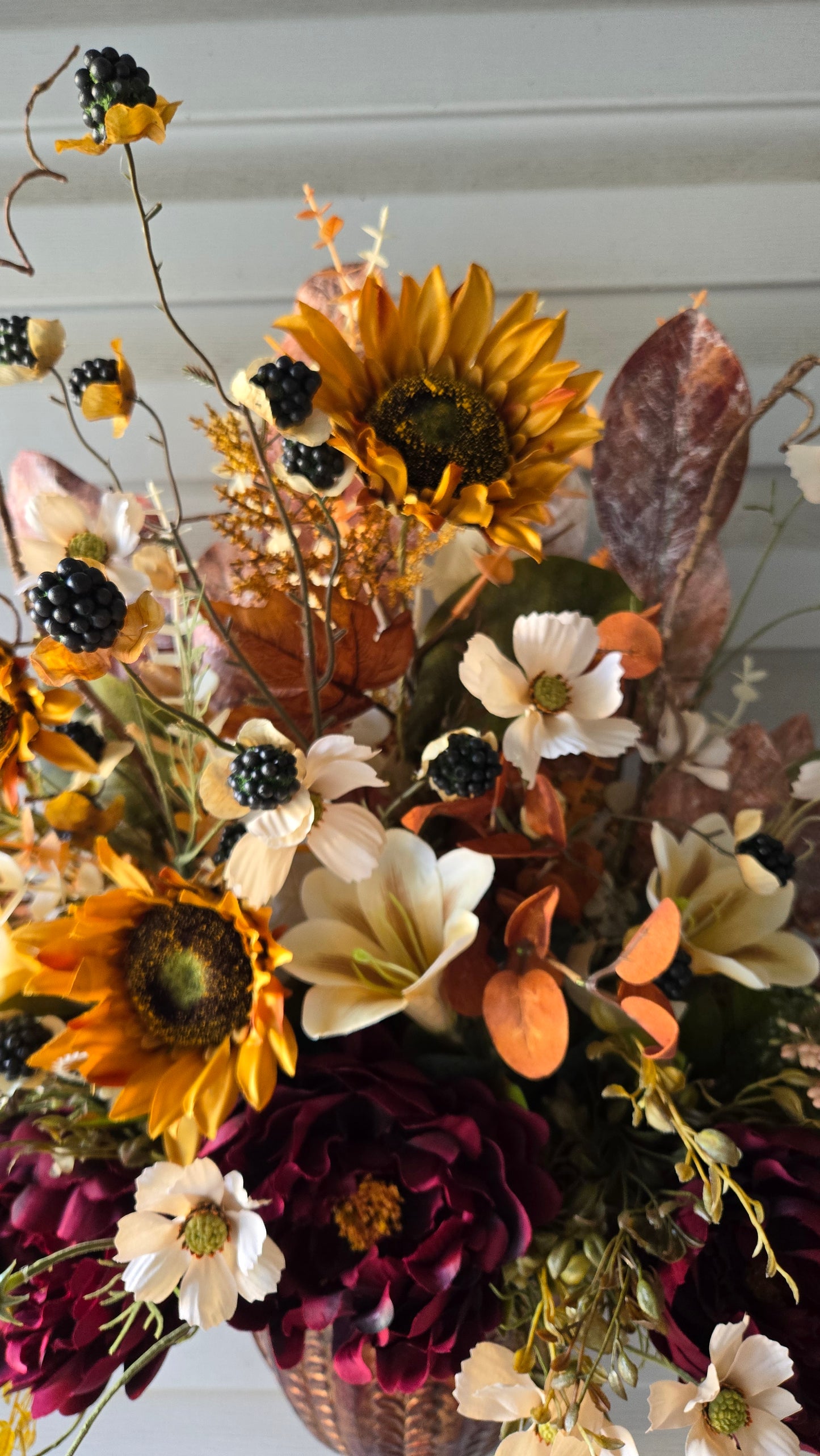 Copper Harvest Wall Pocket Arrangement | Luxury Fall Floral Wall Decor with Sunflowers & Burgundy Blooms