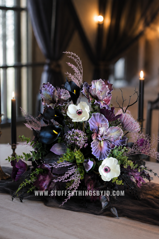 Midnight Vow Gothic Wedding Centerpiece | Moody Lavender & Black Floral Arrangement