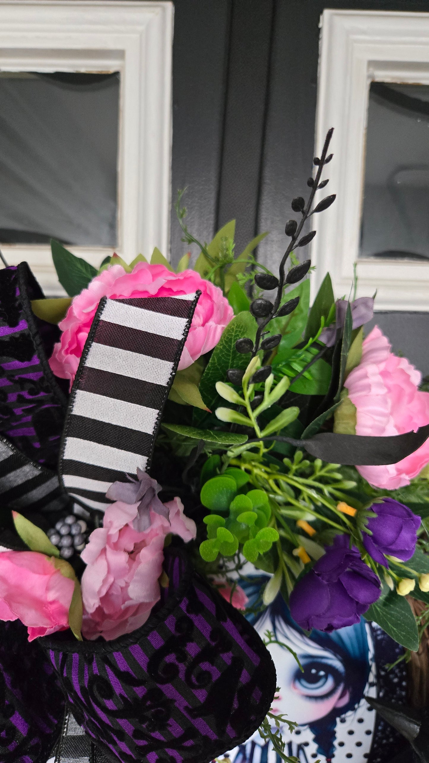 Happy Halloween Girl Wreath | Raven Halloween Door Decor with Peonies, Ranunculus & Black Foliage