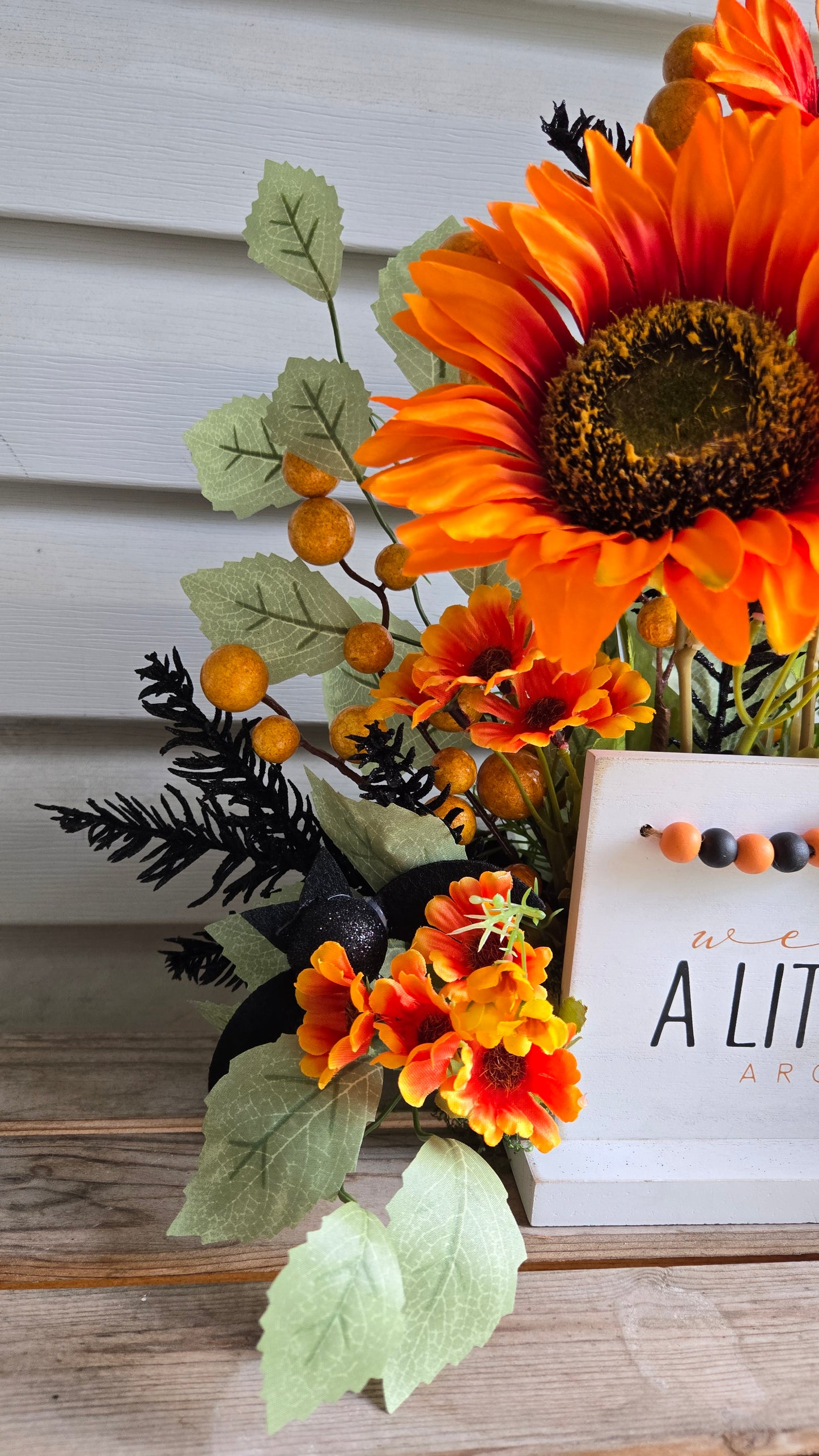 We're All a Little Batty Halloween Sunflower Floral Arrangement | Halloween Table Centerpiece
