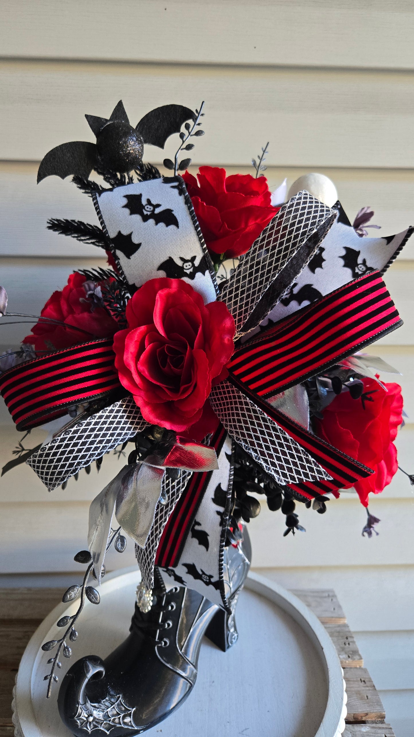 Whimsical Witch Boot Floral Arrangement | Gothic Halloween Centerpiece with Red Roses & Bats