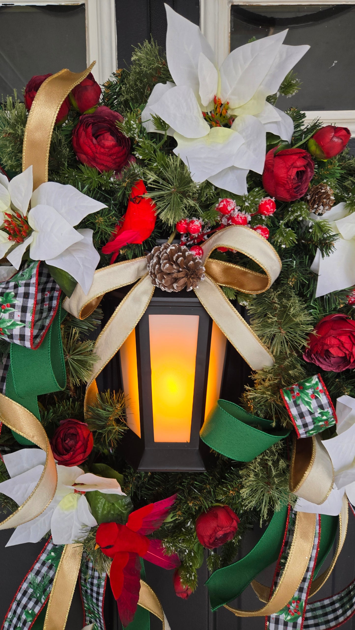 Lantern Christmas Wreath with Lights – Red & White Poinsettia Wreath