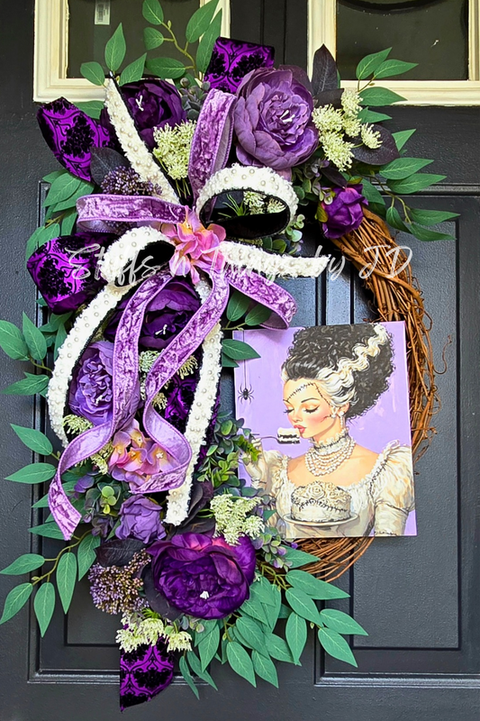 Glam Romantic Bride - Purple Floral Grapevine Wreath with Velvet Ribbon & Gothic Art Accent