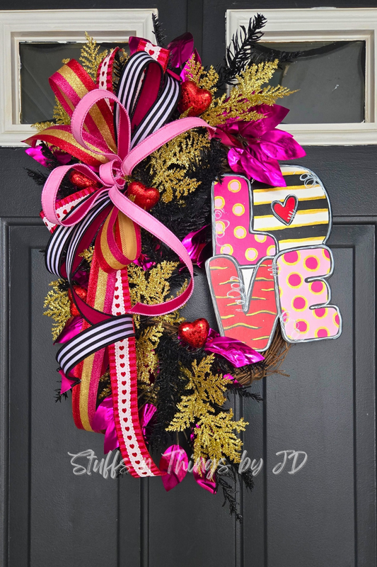 Glam Valentine's Wreath - Pink Red & Gold Valentine Door Decor with LOVE Sign