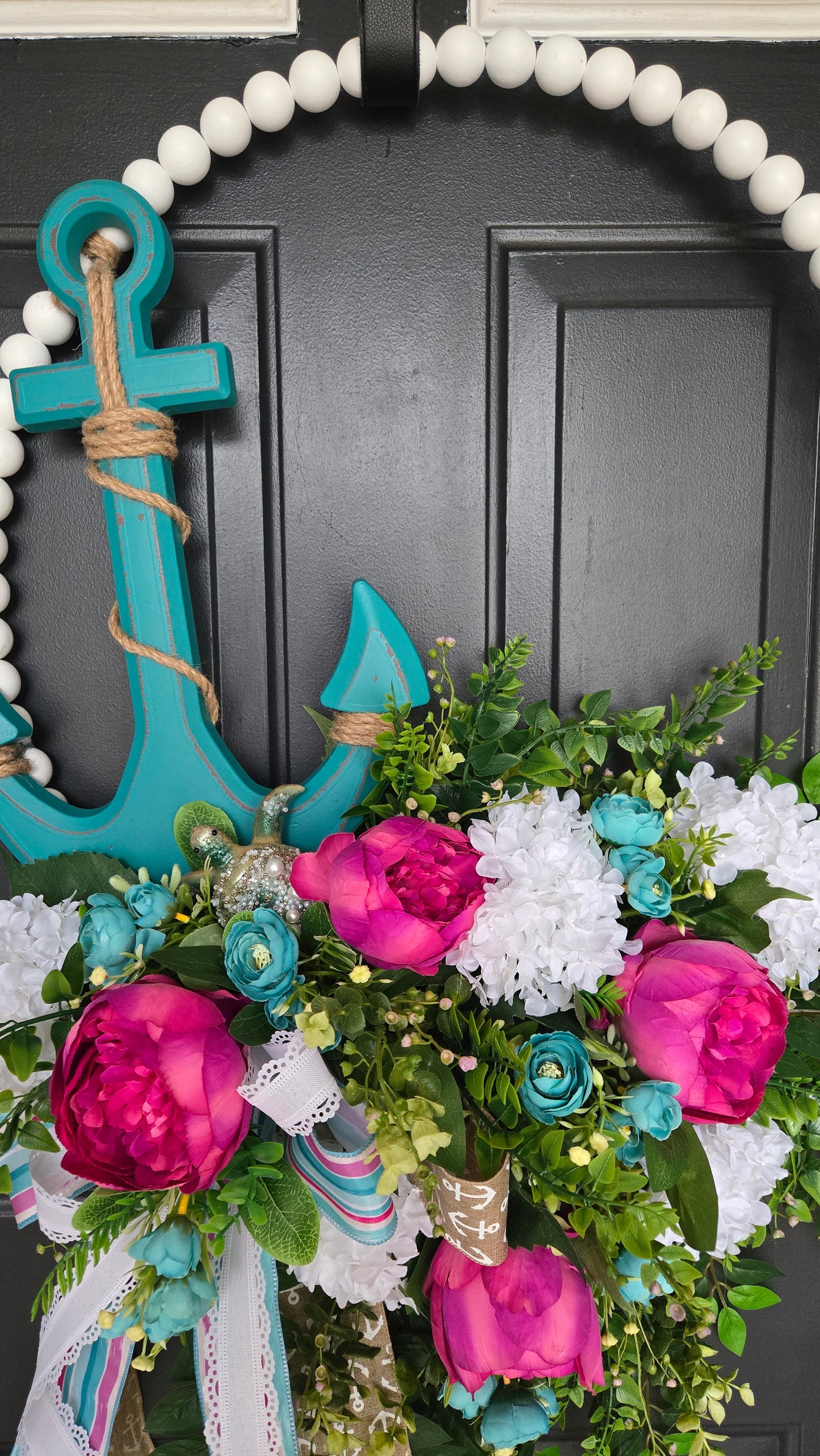 Coastal Bead Wreath with Turquoise Anchor & Lush Florals | Oversized Front Door Statement