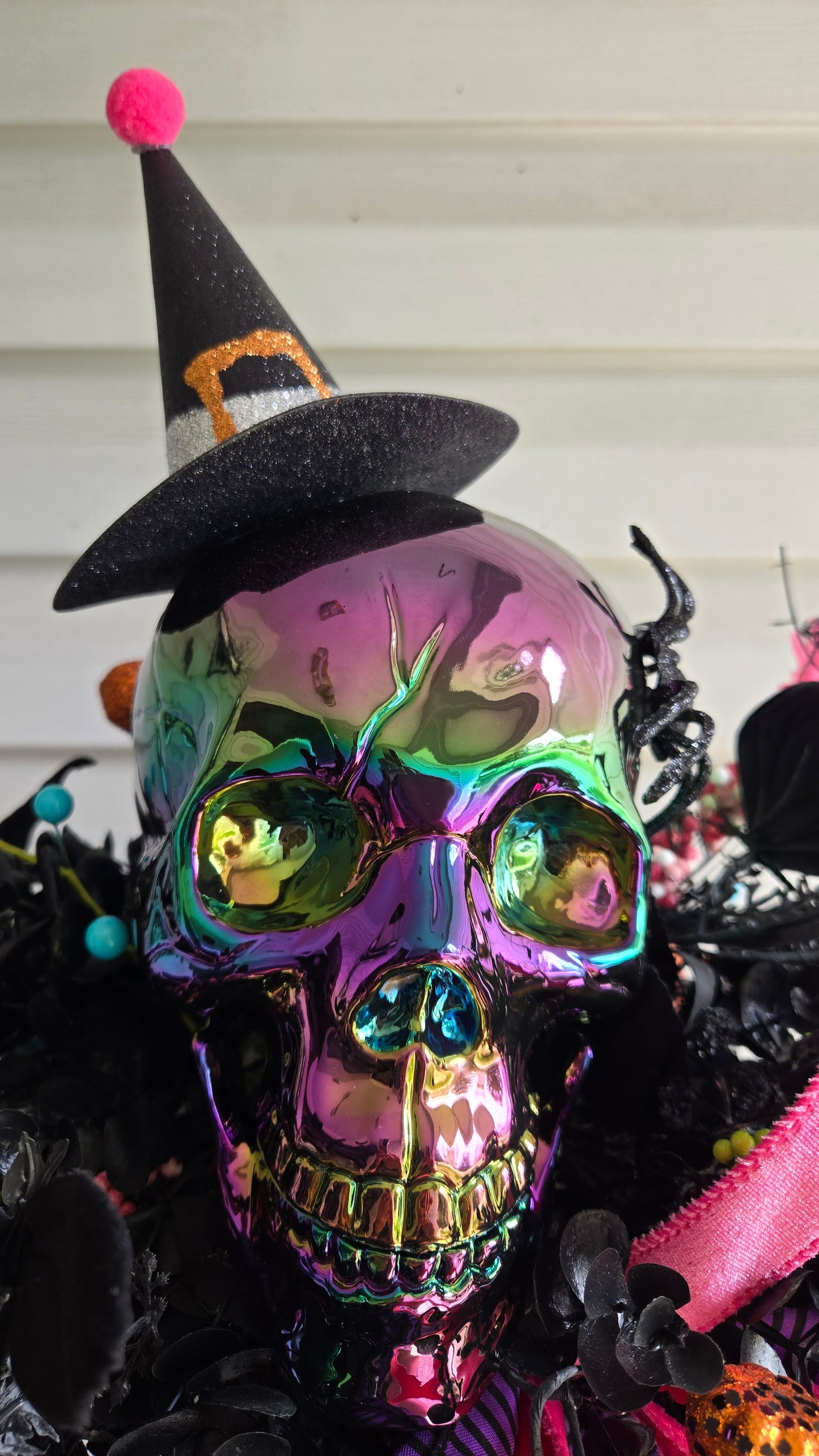 Halloween Witches Broom Skull Centerpiece | Colorful Witch Hat Table Decor | One-of-a-Kind Spooky Arrangement