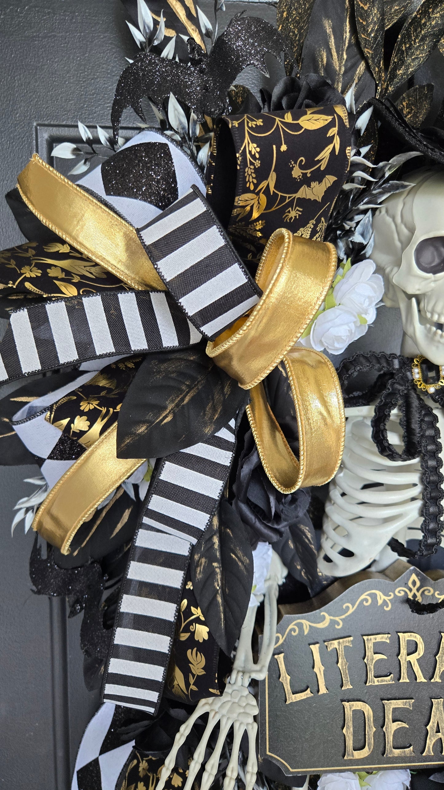 Literally Dead Skeleton Halloween Door Wreath | Large Black, White & Gold Gothic Halloween Decor