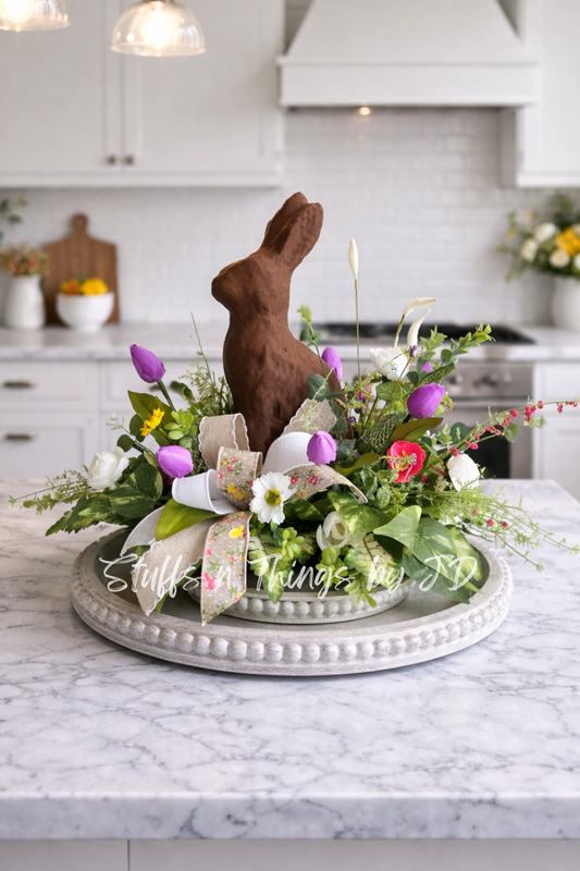 Easter Centerpiece with Faux Chocolate Bunny | Gold Tray Spring Arrangement