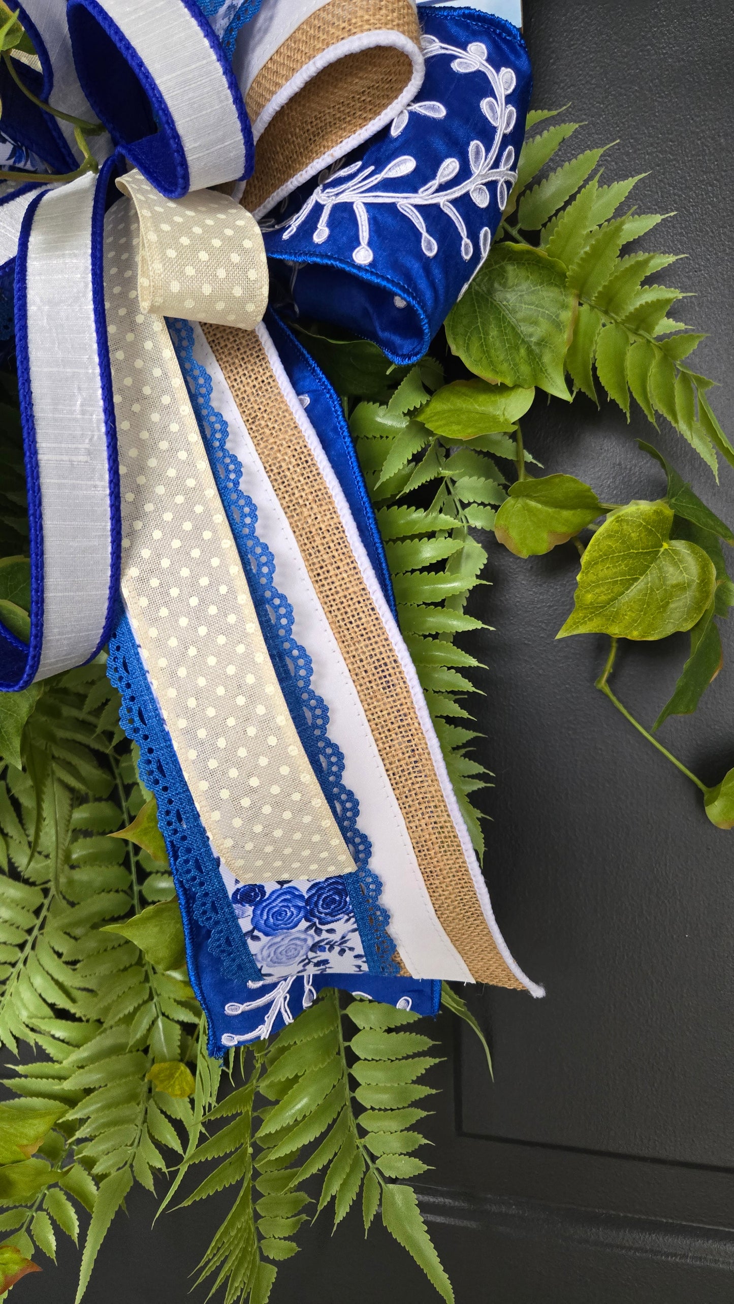 Chinoiserie Welcome Wreath | Everyday Greenery Door Wreath | Farmhouse Front Door Decor | All Season Fern Wreath with Bow