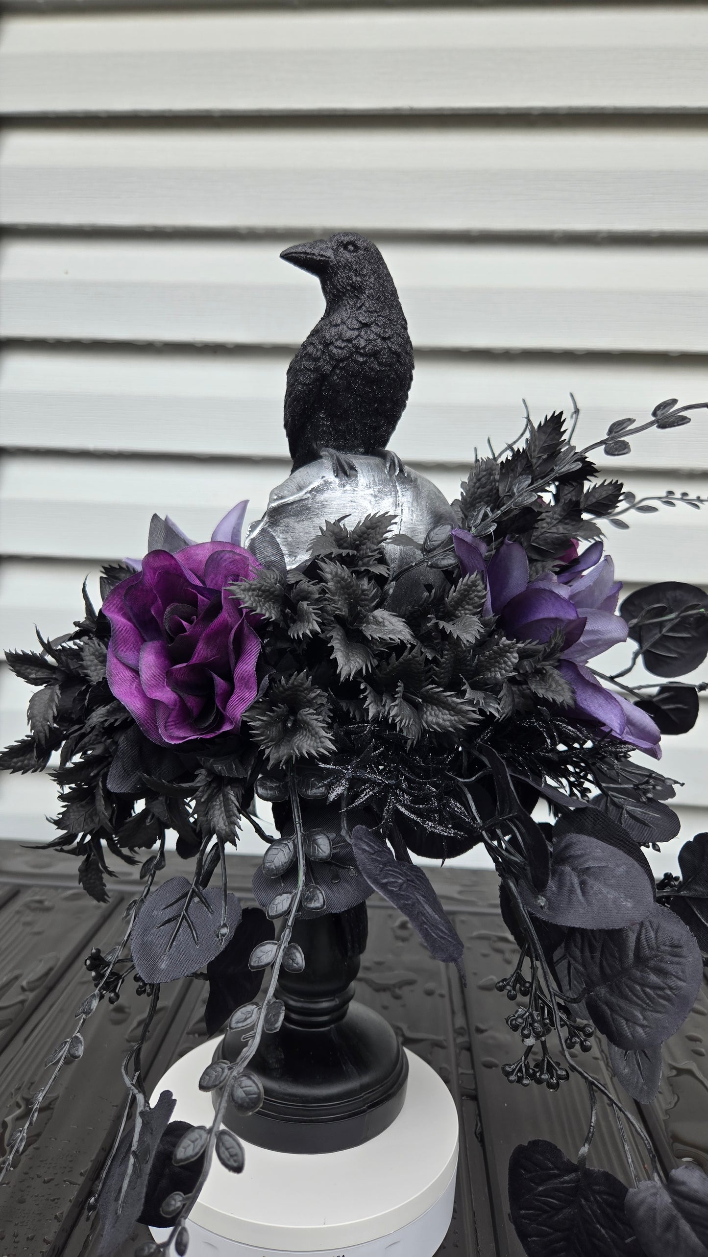 Halloween Floral Arrangement - Gothic Skull Candlestick Centerpiece with Raven
