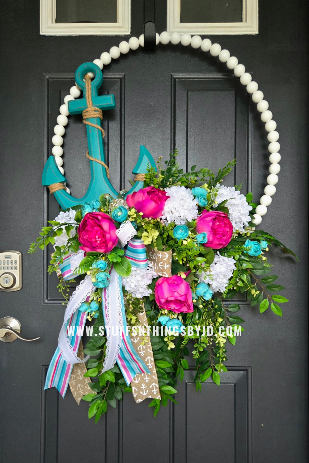 Coastal Bead Wreath with Turquoise Anchor & Lush Florals | Oversized Front Door Statement