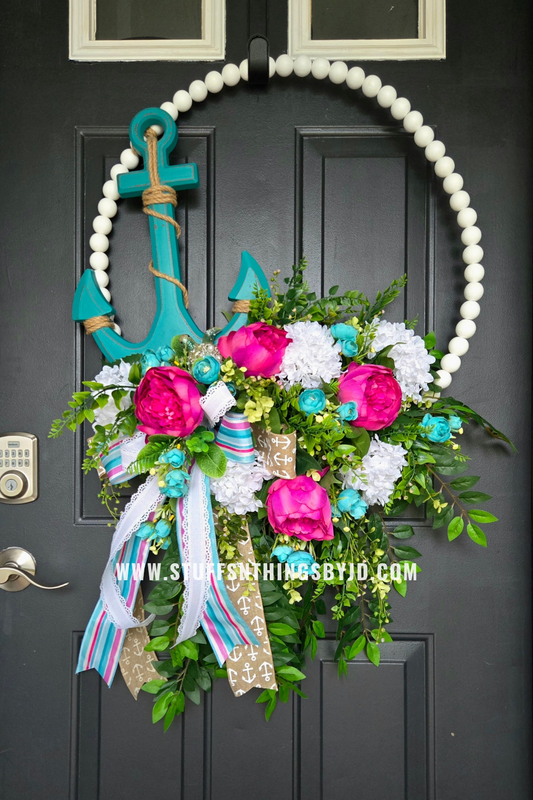 Coastal Bead Wreath with Turquoise Anchor & Lush Florals | Oversized Front Door Statement