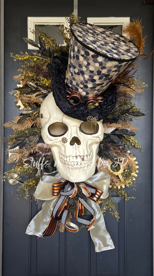 Halloween Wreath - Steampunk Skull with Top Hat