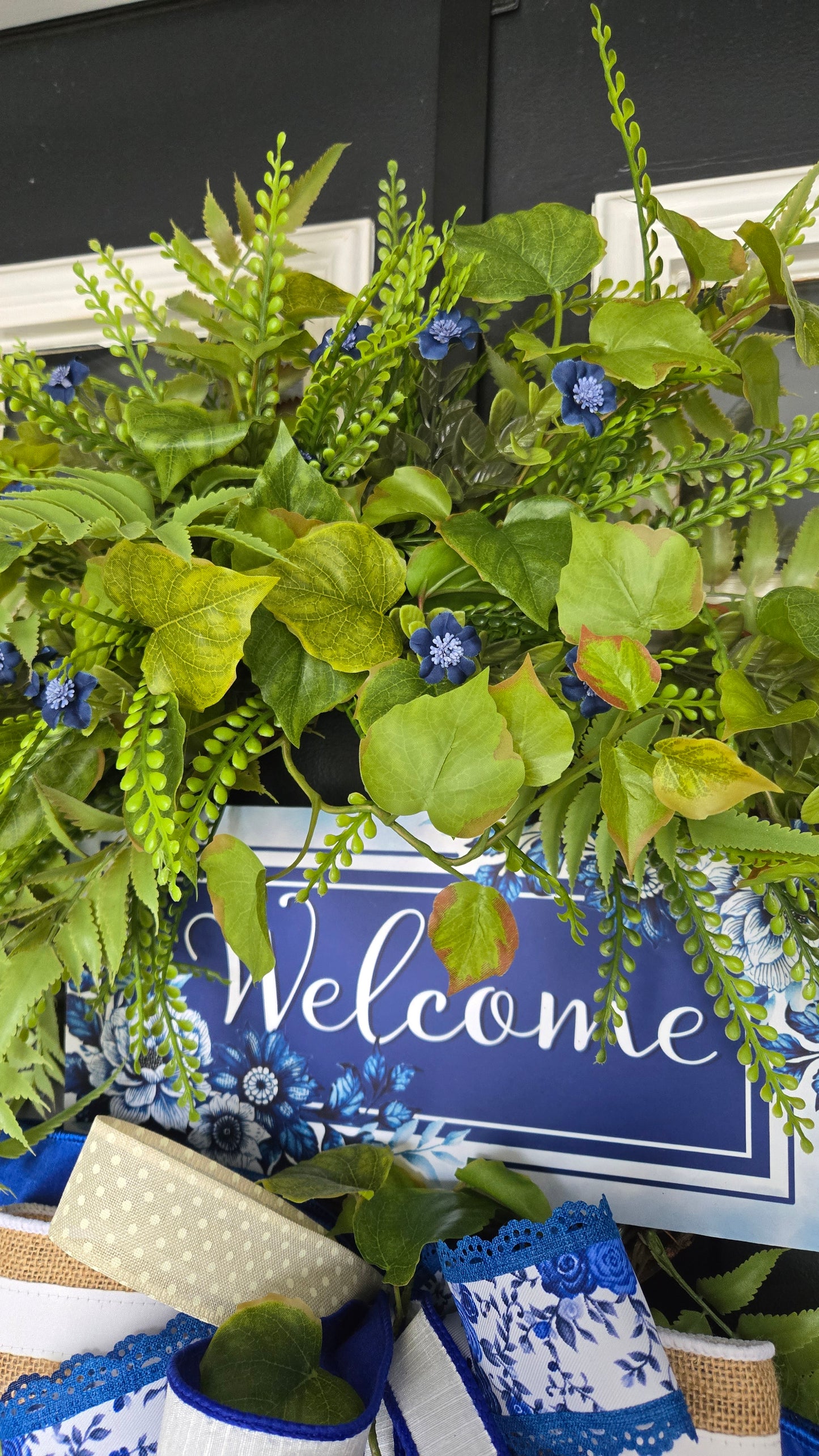 Chinoiserie Welcome Wreath | Everyday Greenery Door Wreath | Farmhouse Front Door Decor | All Season Fern Wreath with Bow