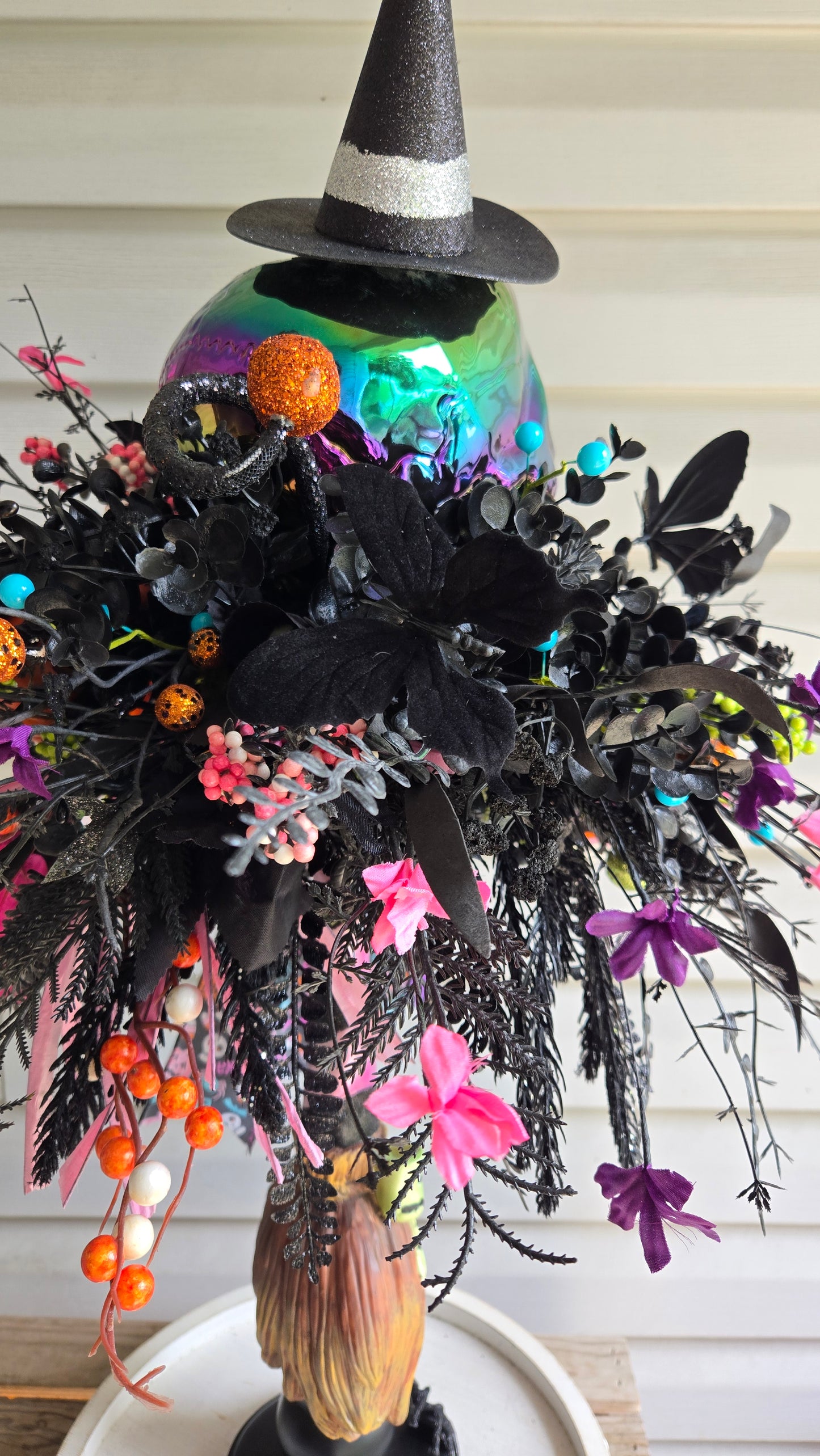 Halloween Witches Broom Skull Centerpiece | Colorful Witch Hat Table Decor | One-of-a-Kind Spooky Arrangement