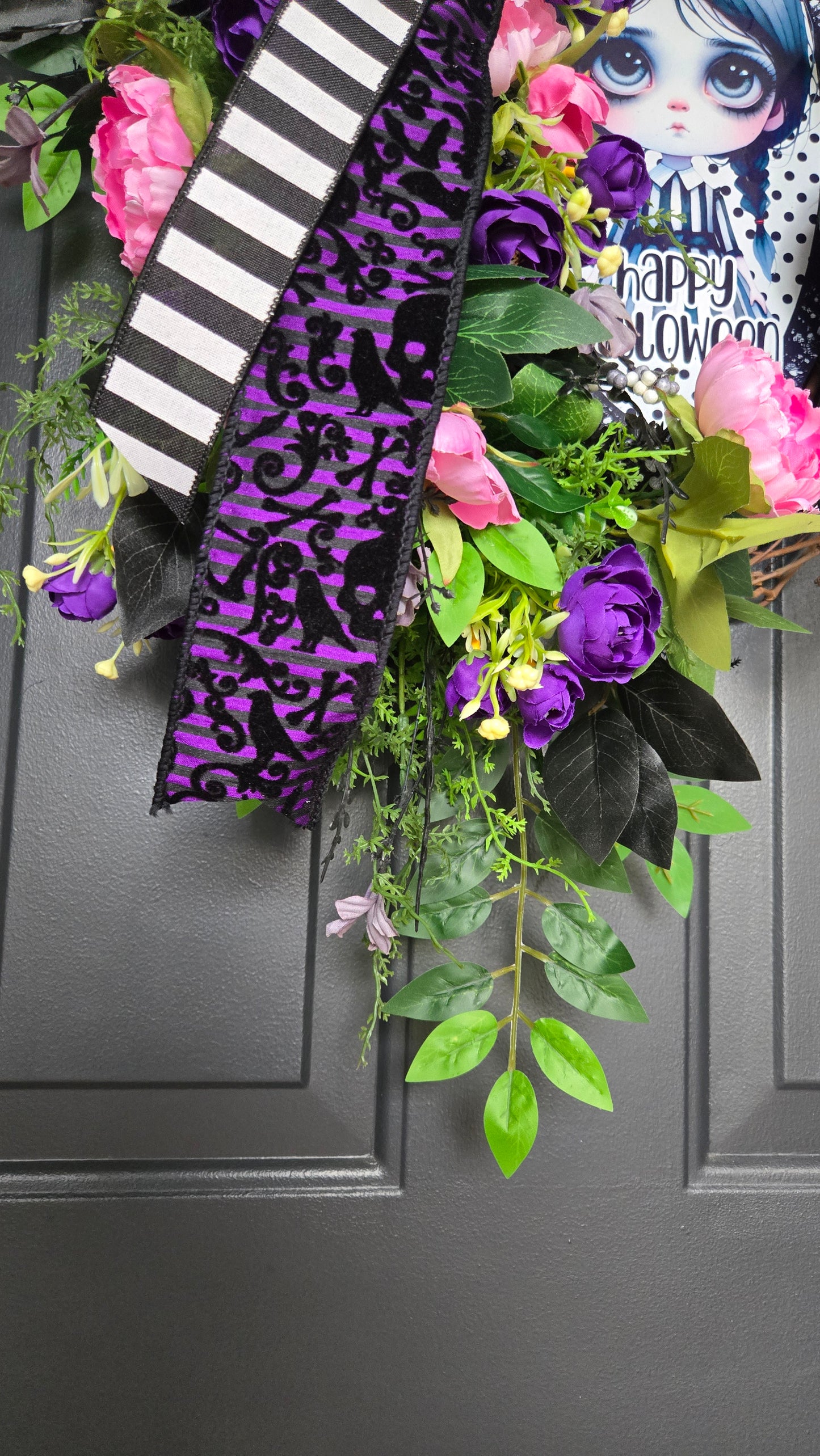 Happy Halloween Girl Wreath | Raven Halloween Door Decor with Peonies, Ranunculus & Black Foliage