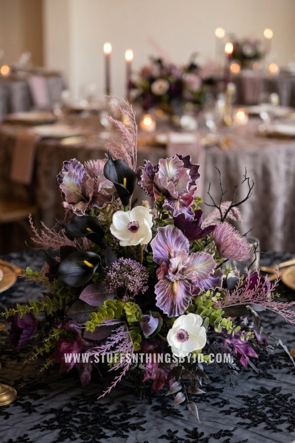 Midnight Vow Gothic Wedding Centerpiece | Moody Lavender & Black Floral Arrangement