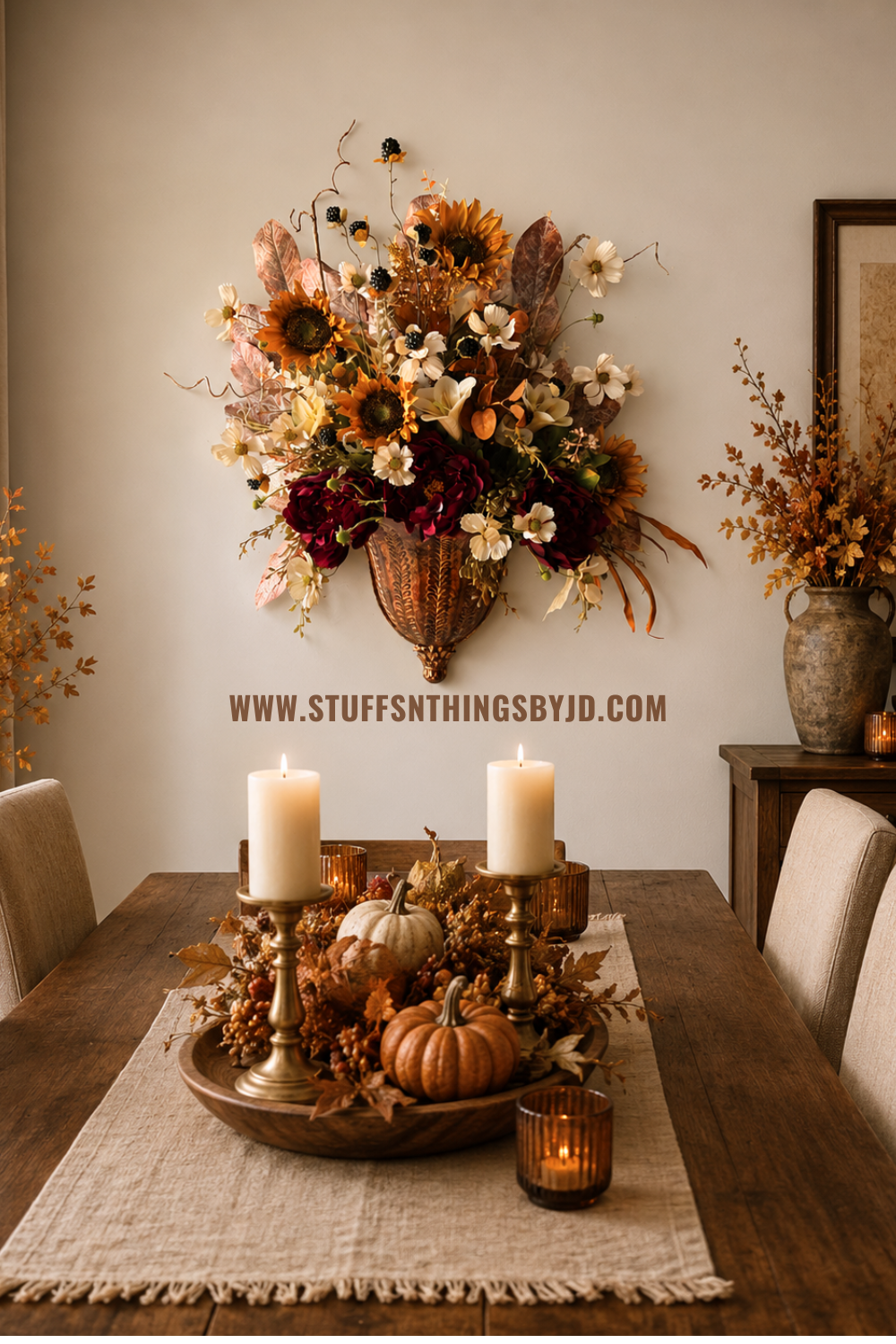 Copper Harvest Wall Pocket Arrangement | Luxury Fall Floral Wall Decor with Sunflowers & Burgundy Blooms