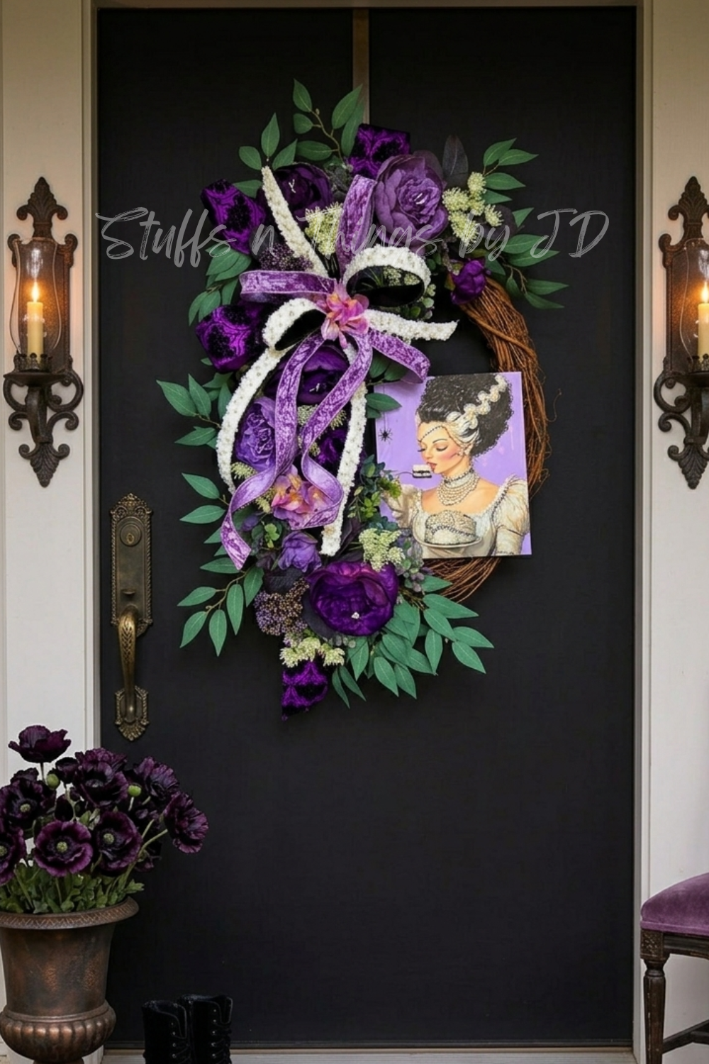Glam Romantic Bride - Purple Floral Grapevine Wreath with Velvet Ribbon & Gothic Art Accent