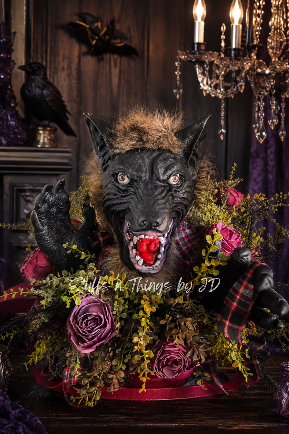 Romantic Gothic Werewolf Halloween Centerpiece | Animated Horror Floral Arrangement | One-of-a-Kind Decor