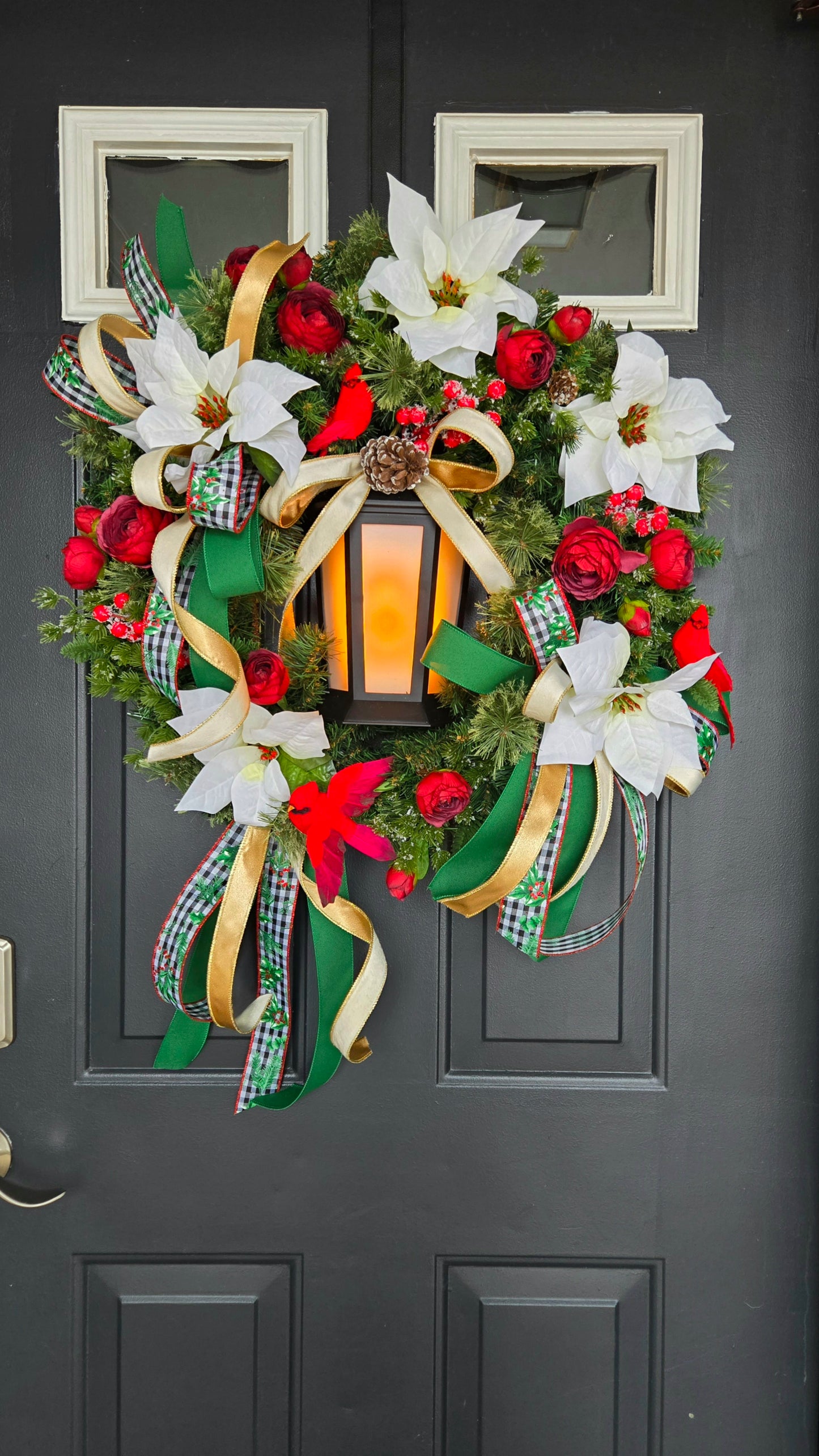 Lantern Christmas Wreath with Lights – Red & White Poinsettia Wreath