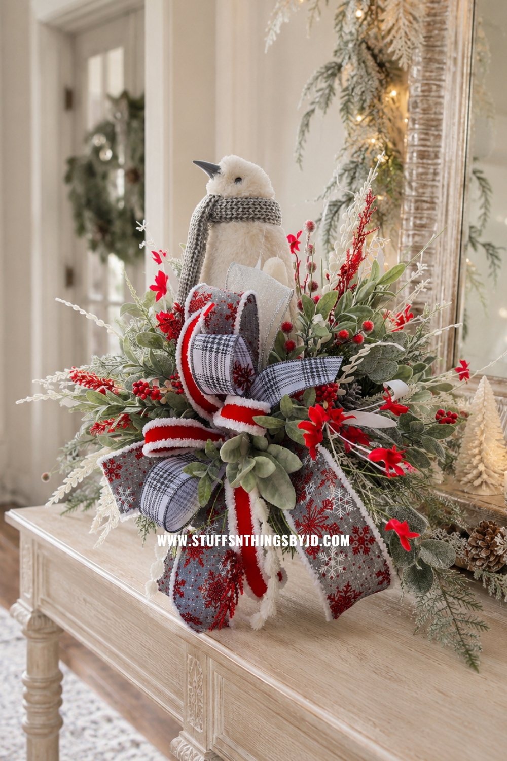 Winter Penguin Christmas Candlestick Centerpiece | Elegant Red, White & Silver Holiday Table Decor