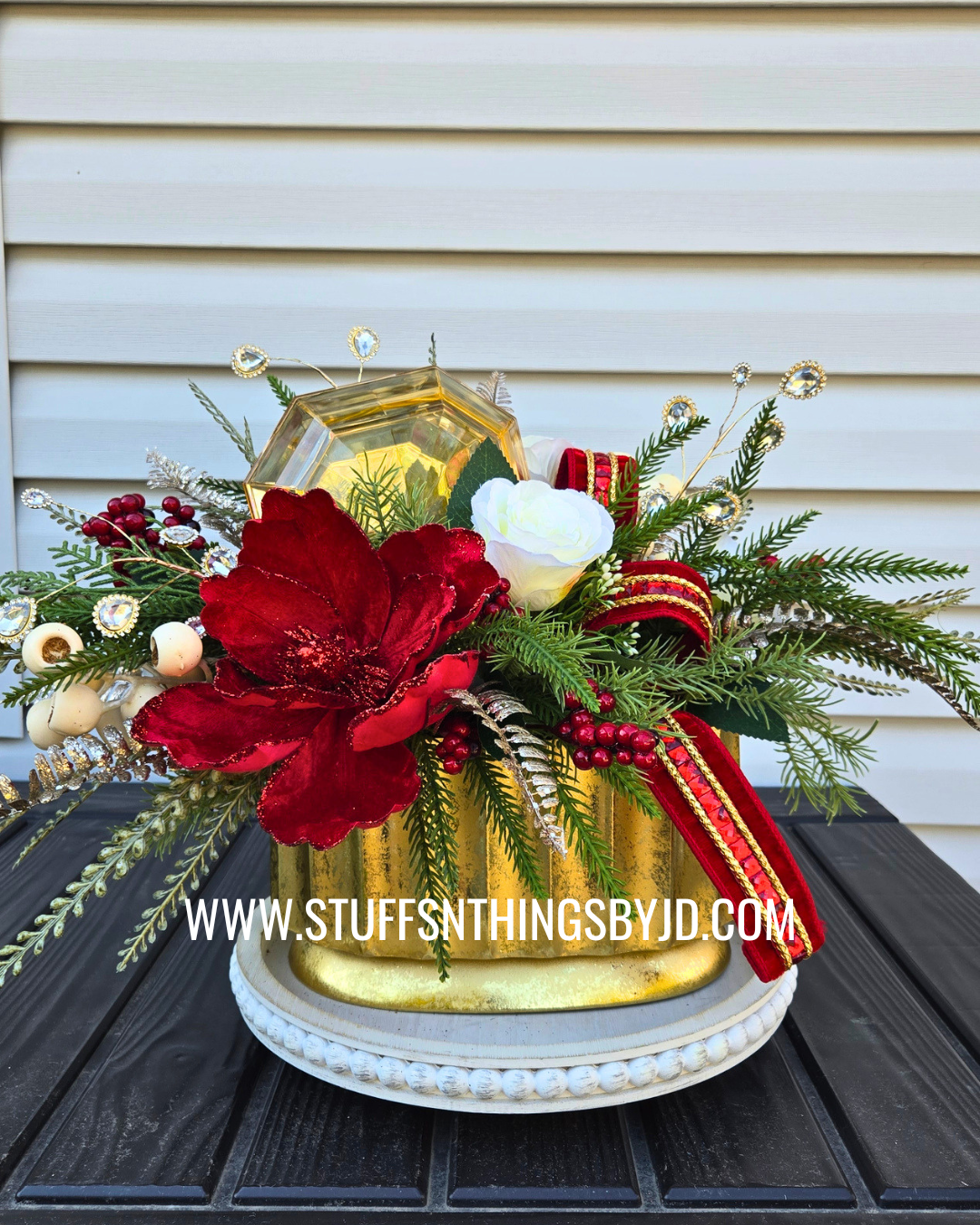 Red & Gold Christmas Floral Centerpiece | Magnolia Holiday Arrangement | Luxury Table Decor