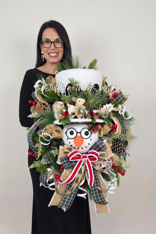Rustic Snowman Christmas Wreath with Glasses – Holiday Seasonal Door Wreath with Pinecones & Woodland Accents