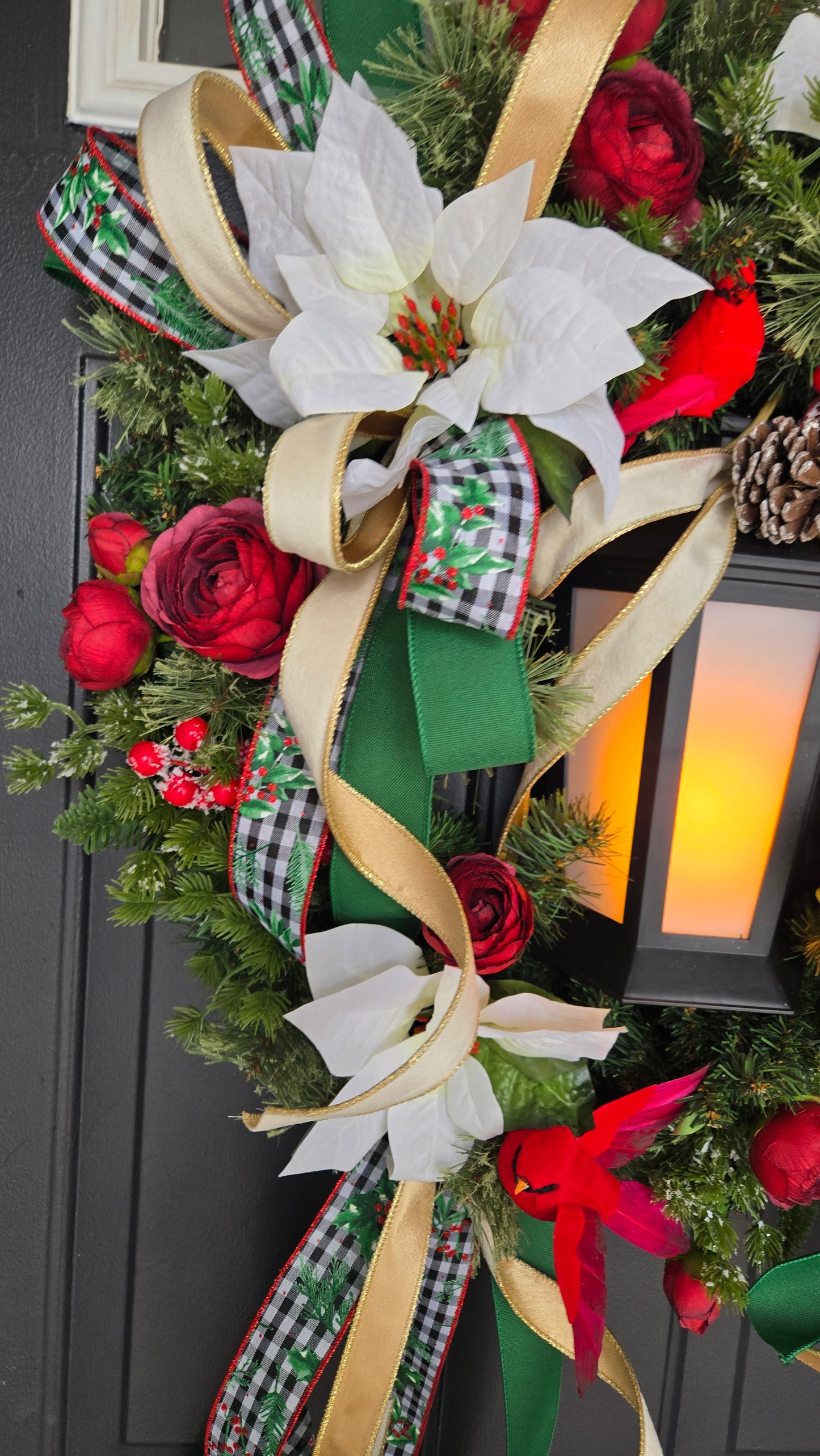 Lantern Christmas Wreath with Lights – Red & White Poinsettia Wreath
