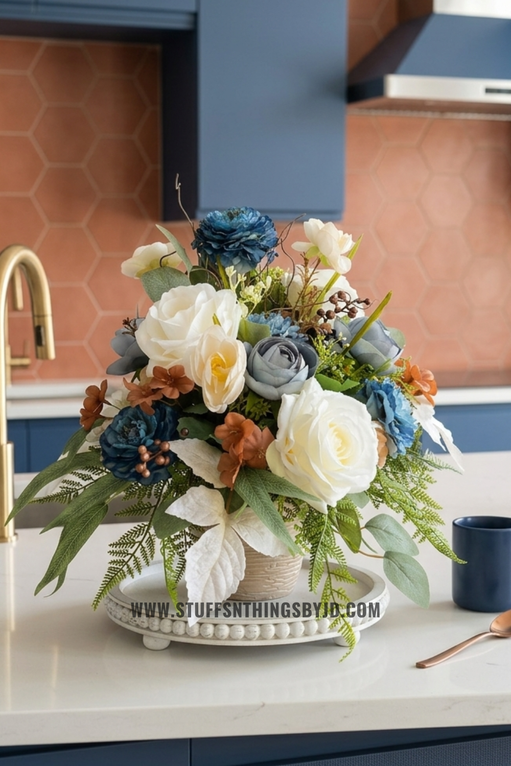 Blue Ranunculus & Cream Rose Floral Arrangement in Ceramic Planter | 16" Luxury Centerpiece