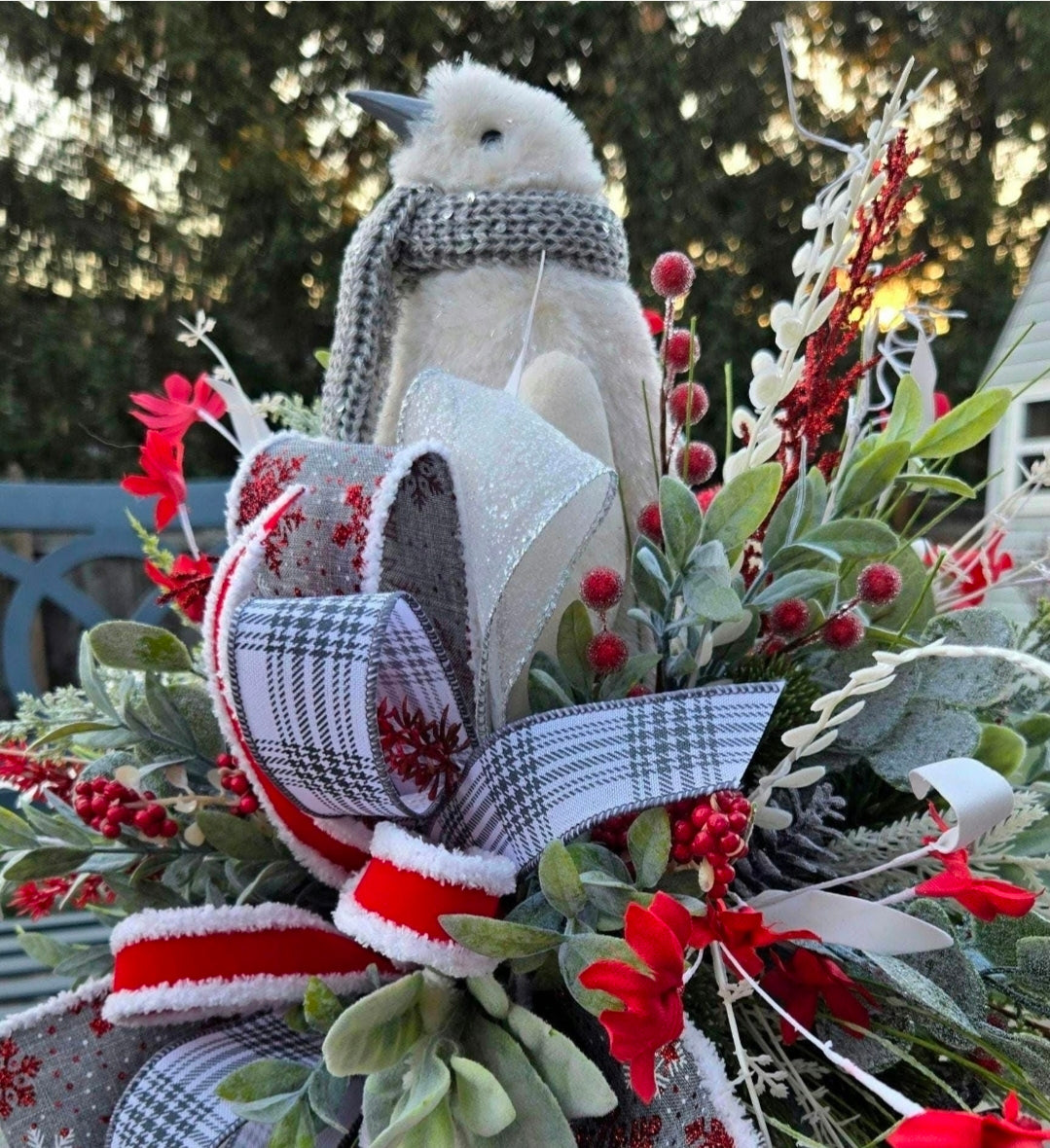 Winter Penguin Christmas Candlestick Centerpiece | Elegant Red, White & Silver Holiday Table Decor