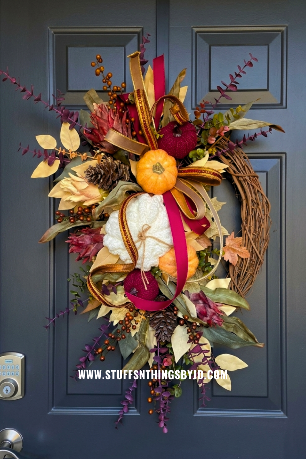 Fall Wreath - Burgundy Eucalyptus and Pumpkin Grapevine Wreath for Autumn Door Decor