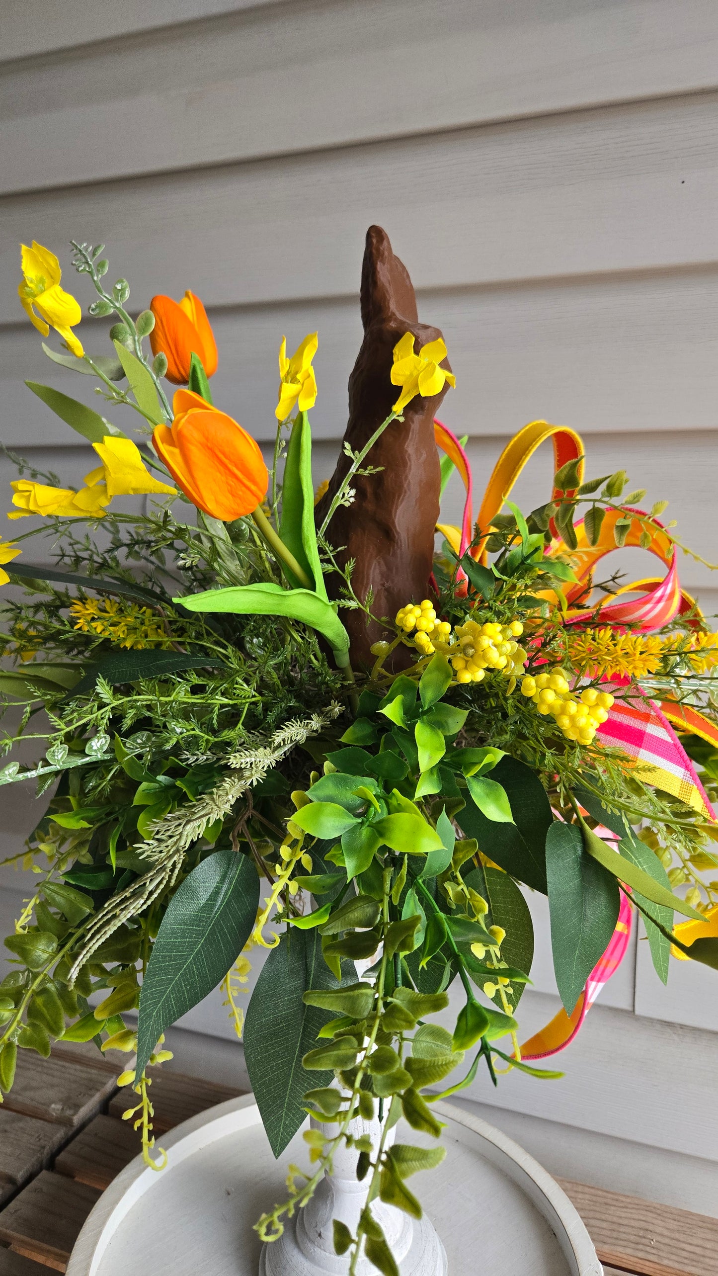 Chocolate Bunny Candlestick Easter Centerpiece | Spring Floral Arrangement with Tulips
