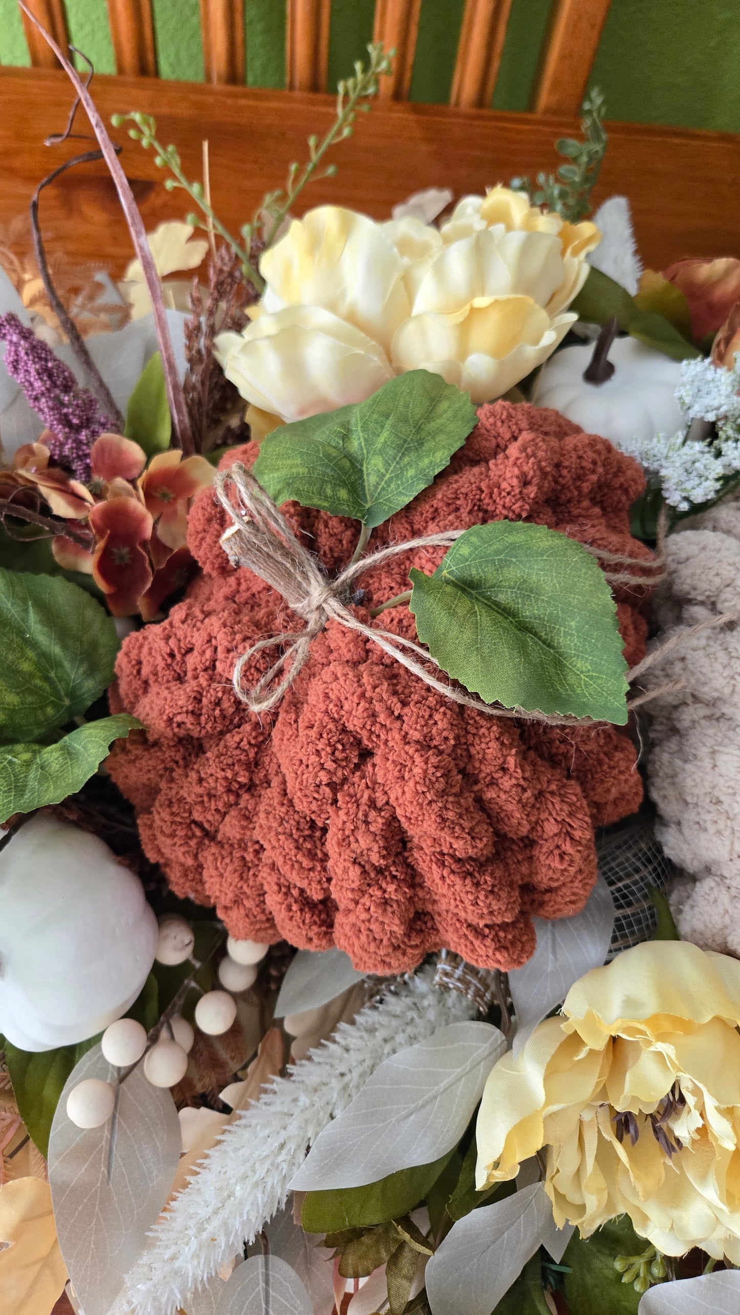 Fall Pumpkin Centerpiece or Door Swag – Rustic Harvest Décor with Handmade Knit Pumpkins