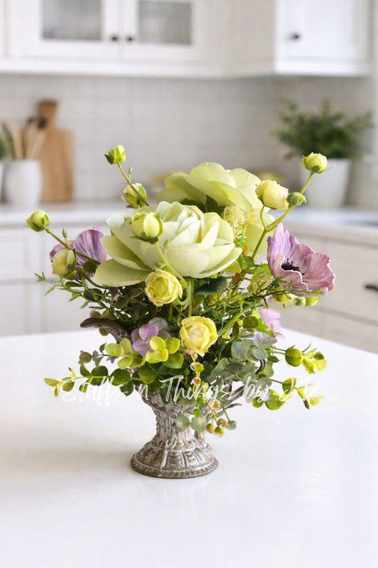 Vintage Ewer Floral Arrangement with Sage Green Ranunculus & Lavender Anemones